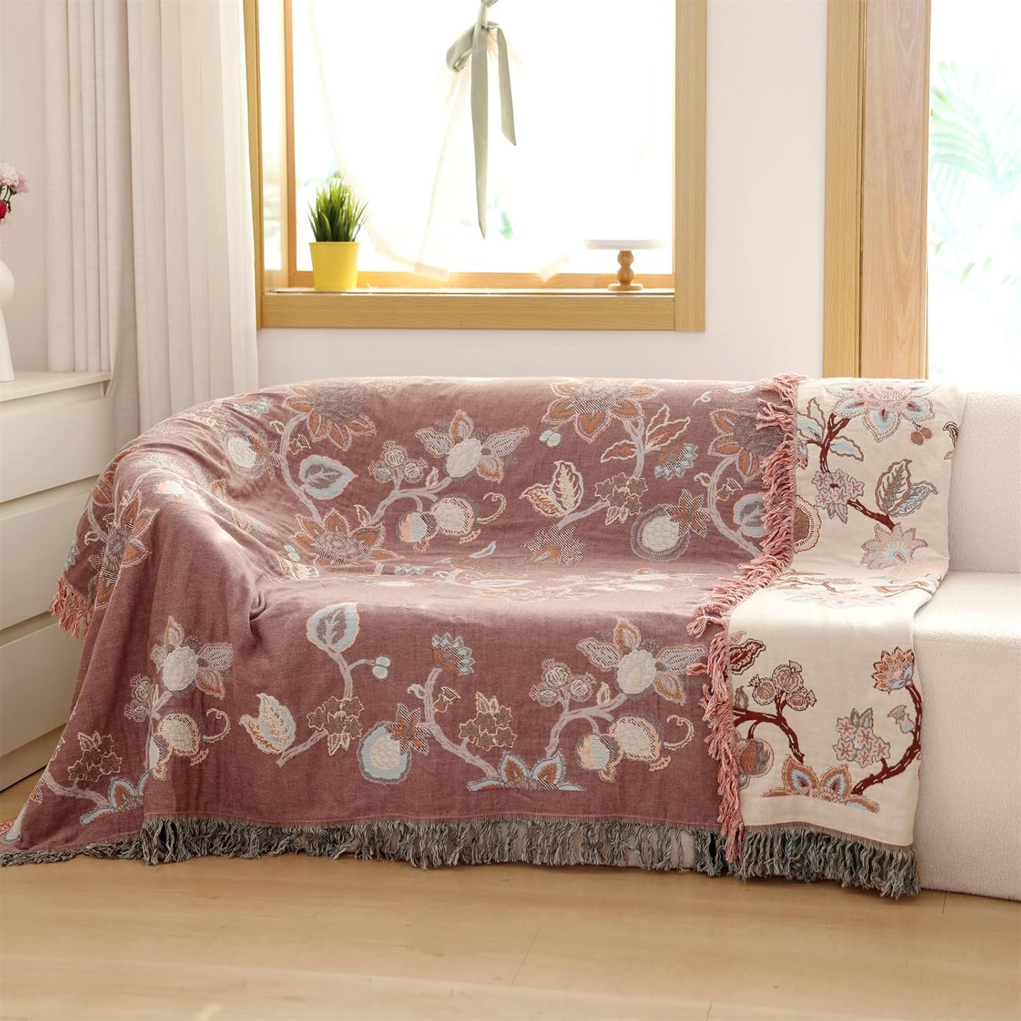 Boho Throw Blanket, 100% Cotton Ultra Soft Luxury Throw Rustic Quilt, Muslin Breathable Soft Bed Throw ，All Throw for Sofa Couch Chair 60×80 Inch (Purple Flower Branch, 60X80 Inch)