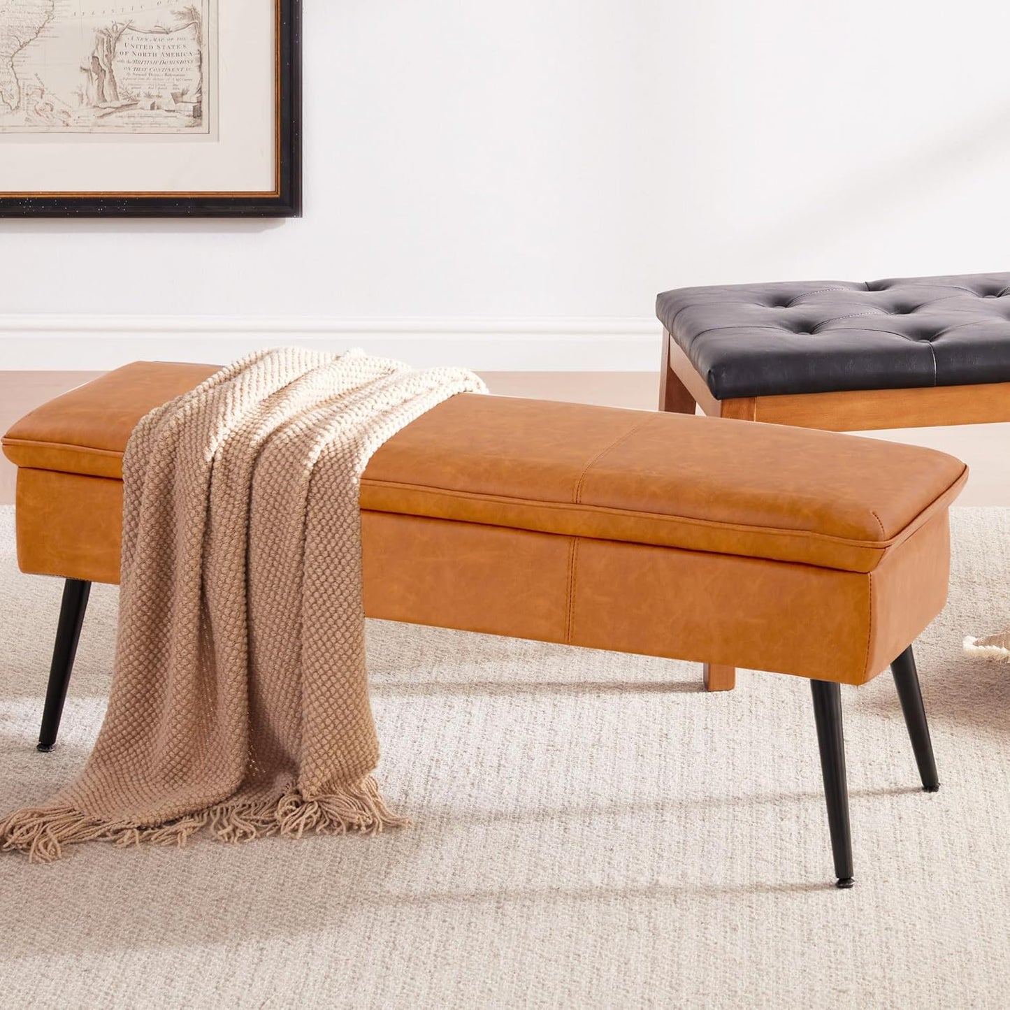 Storage Ottoman Upholstered Stool with Padded Seat, Tufted Vanity Stool with Metal Legs, Accent Stool, Faux Leather, Cognac Brown