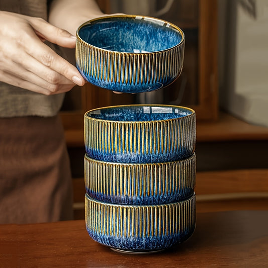4pcs Retro Vertical Stripe Ceramic Rice Bowls, 4.5” Microwave-Safe Soup & Snack Bowls