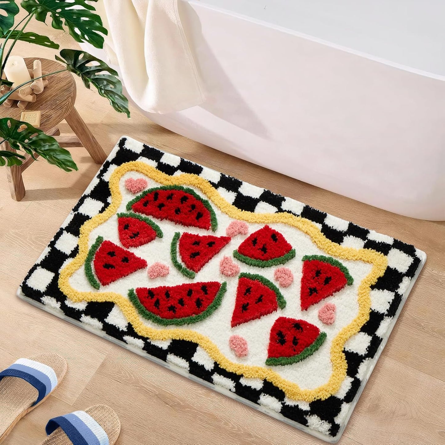 Checkered Lemon Bath Rug for Bathroom, Cute Bathroom Mat Non Slip Soft Microfiber Absorbent Washable Rug for Laundry Home Decor, 20X32 Inch