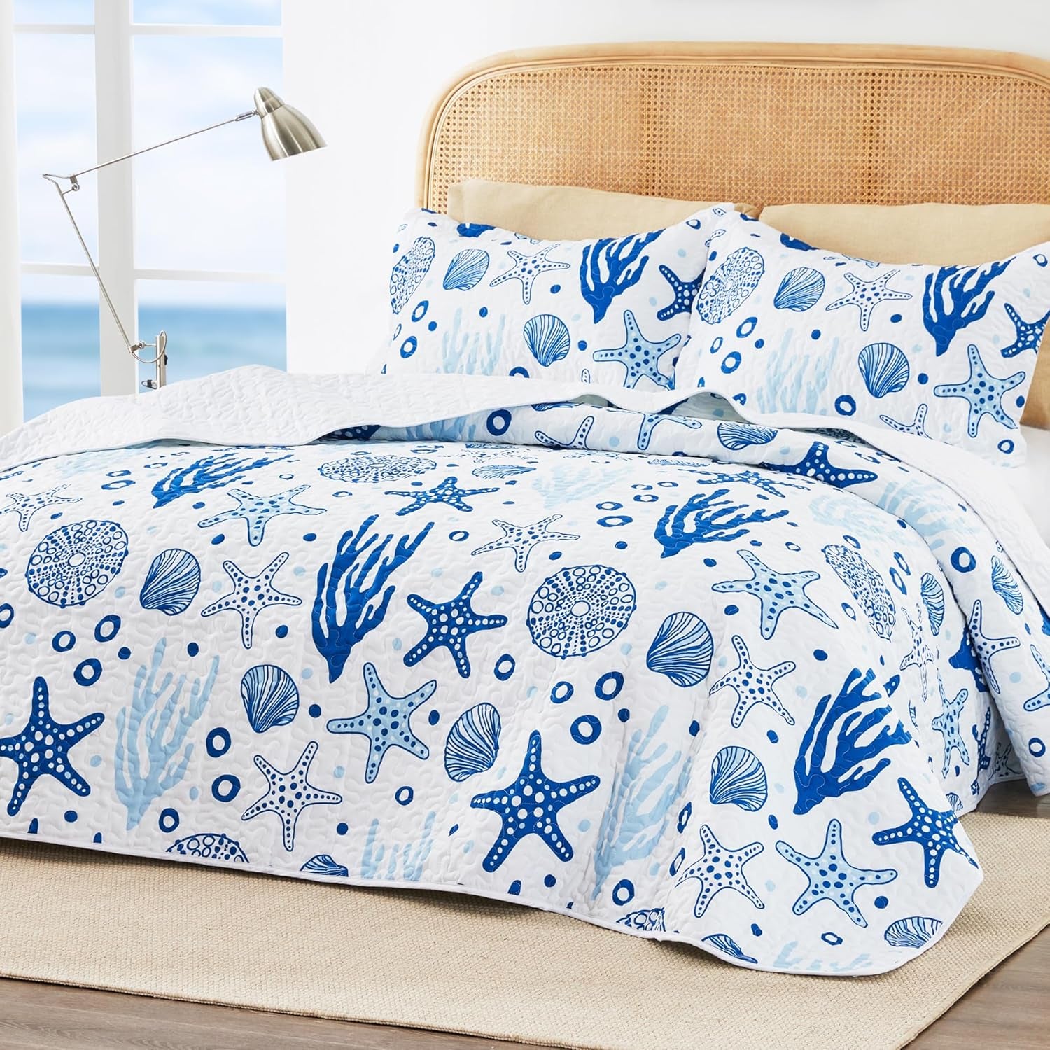 Twin Quilt Bedding Set Coastal White Bedspreads - Soft Bed Summer Beach Nautical Quilt Lightweight Bedspread- Reversible Bedding Coverlet for All Season - 2 Piece (1 Quilt, 1 Pillow Sham)