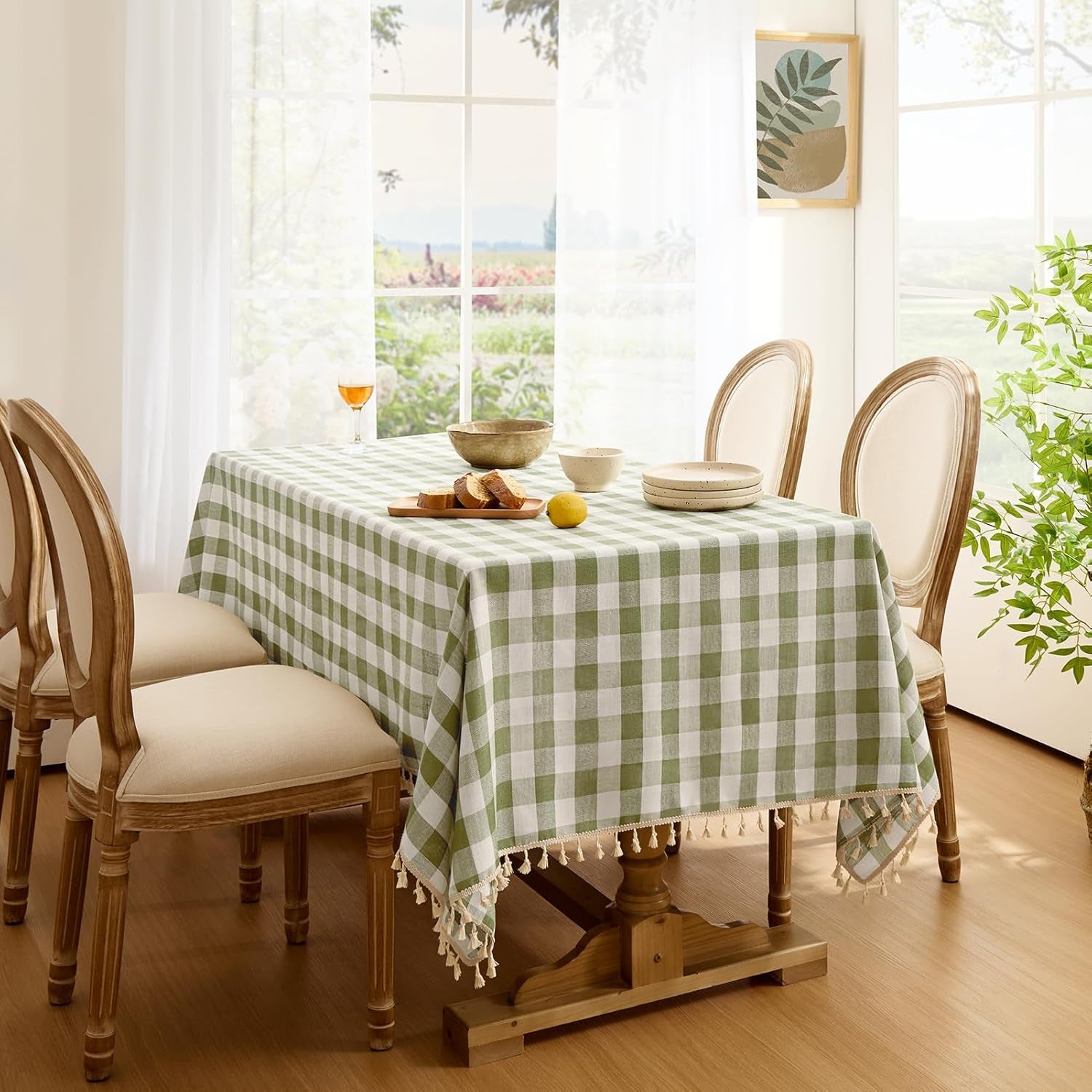 Checkered Tablecloth Rectangle, Heavy Weight Linen Gingham Christmas Table Cloth with Tassel, Washable Wrinkle Free Buffalo Plaid Table Cover for Dining/Party/Home - 55 X 84 Inch, Sage