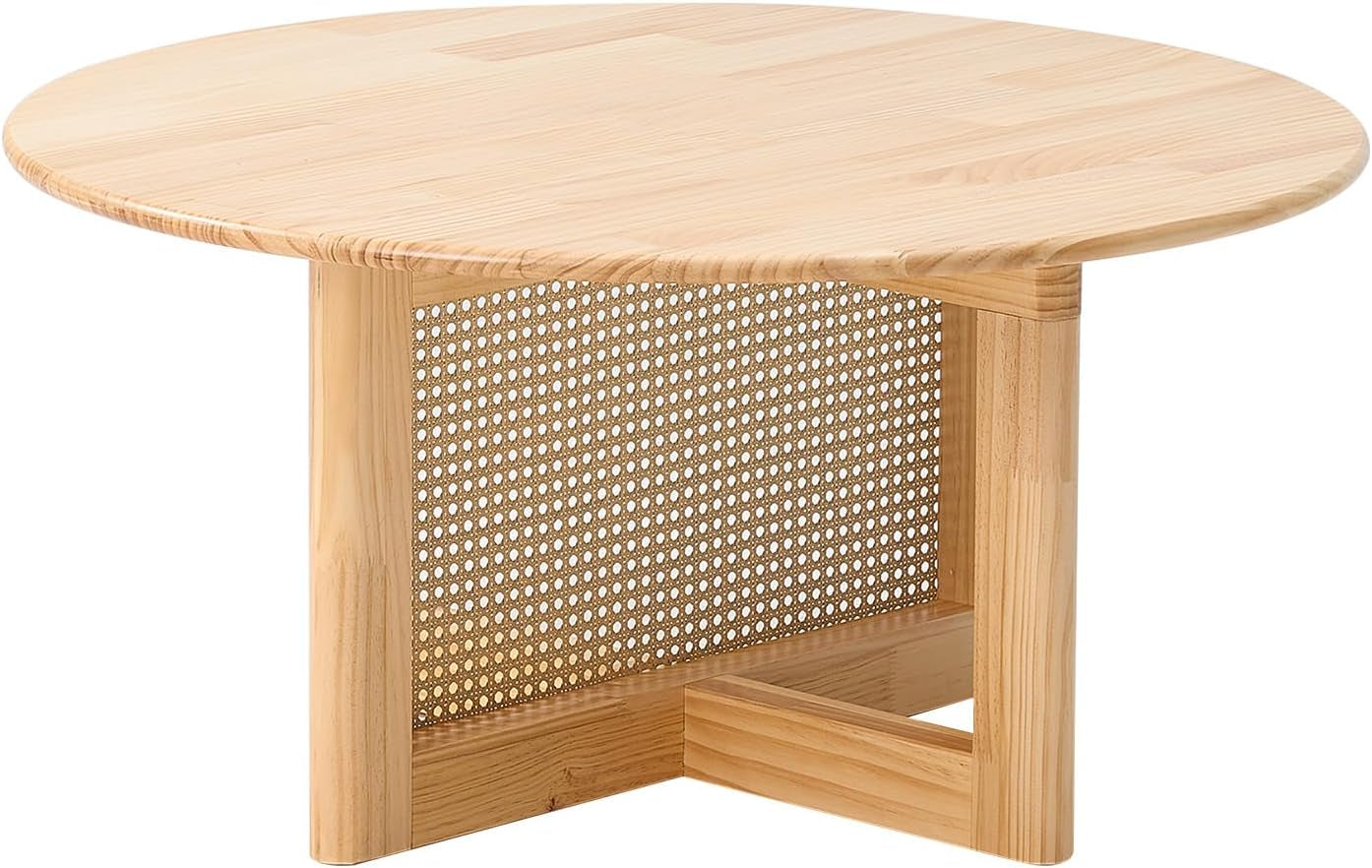 Rattan Coffee Table, 33 Inch Solid Wood Coffe Table with PE Rattan Stand, Unique Modern round Coffee Table for Living Room, Natural