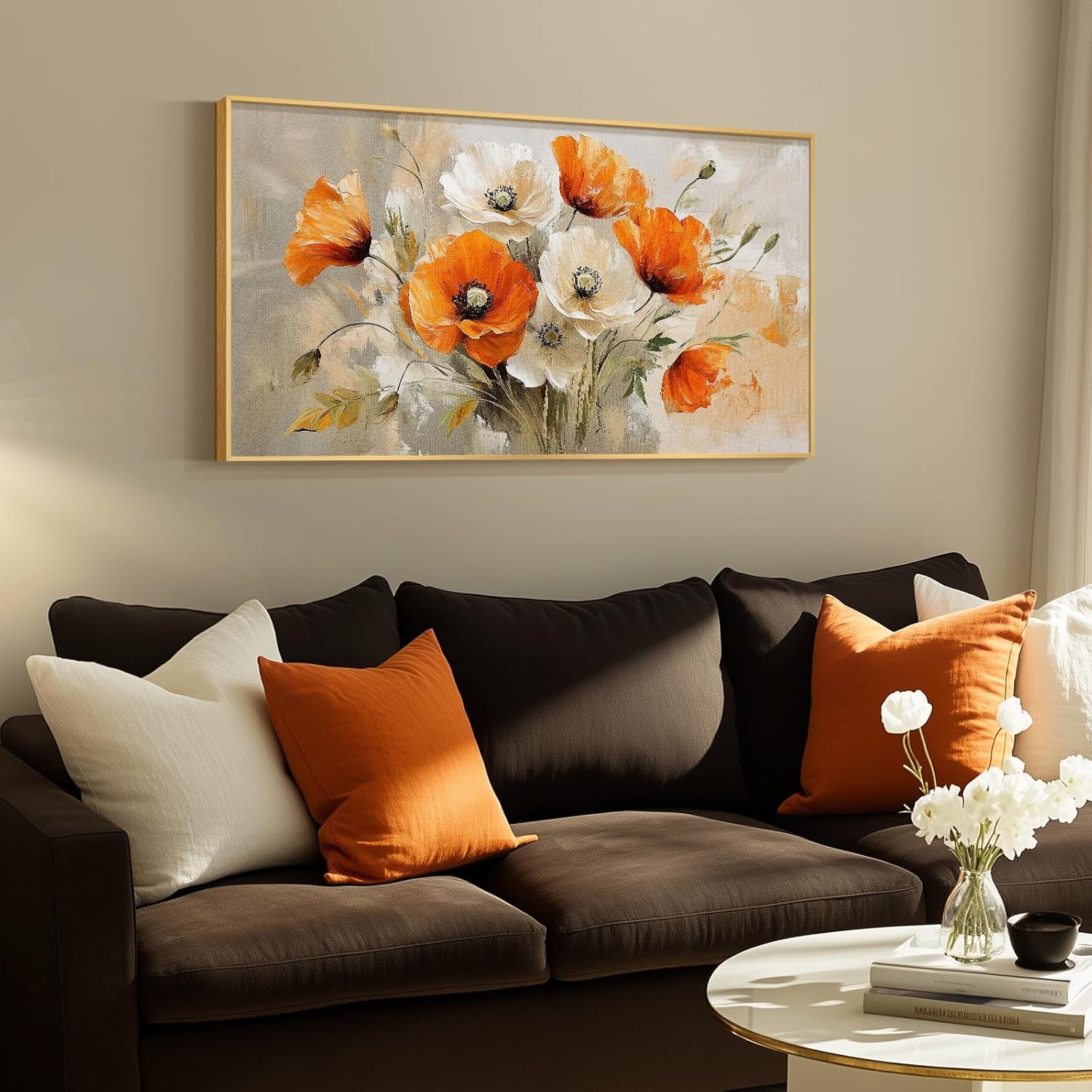 Extra Large Framed Floral Wall Art for Living Room, Colorful Bright Orange and White Flowers Canvas Artwork for Walls, Contemporary Blossom Watercolor Painting Picture Prints for Bedrooom Hallway 30X60 Inch