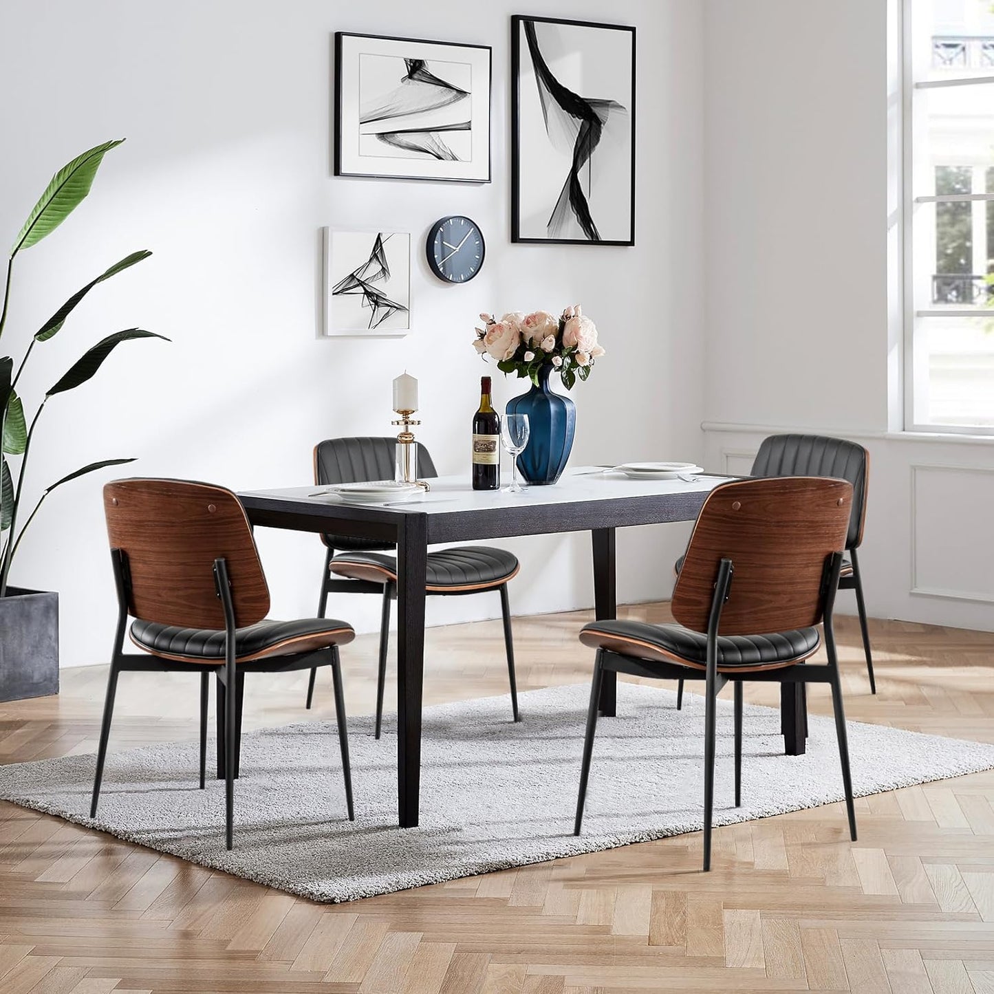 Dining Chairs Set of 2 Mid Century Modern Retro Faux Leather Chair with Walnut Bentwood Upholstered Seat Metal Legs Chairs,Adjustable Foot for Kitchen Dining Room Chairs(Green)