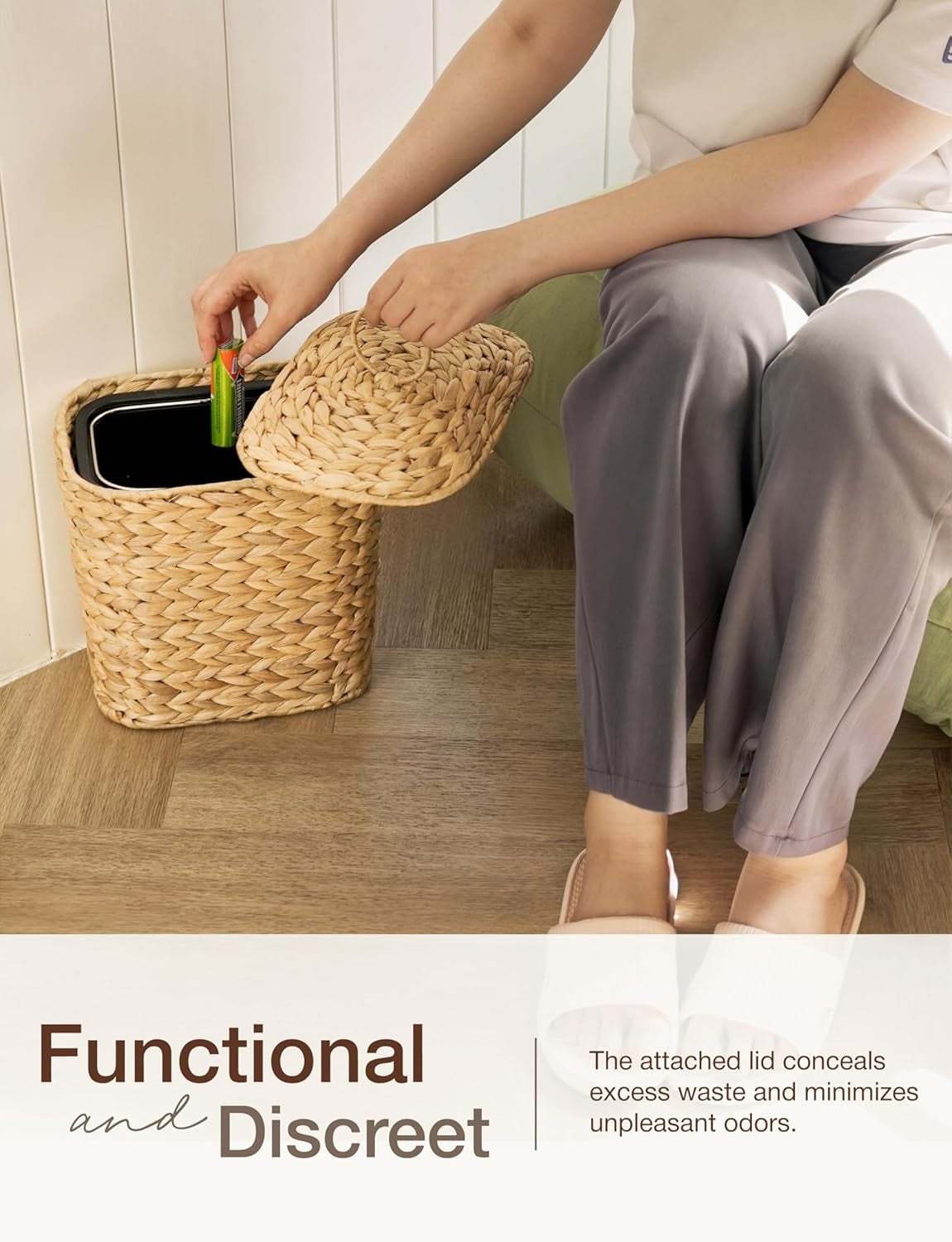 2 Gallons Wicker Waste Basket with Lid - Large Wicker Trash Can for Office - Waste Basket for Bedroom, Bathroom, Kitchen, Living Room - Boho Handwoven Trash Cans for Garbage (2 Gallons)