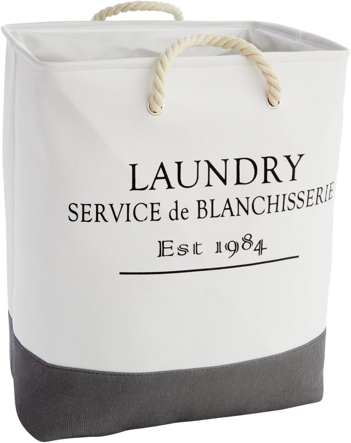 Canvas French Laundry Hamper - White and Gray Square Canvas Laundry Basket with Handles for Bathroom and Bedroom - Dry Cleaning Basket for Clothes, 60L (12 X 16 X 19.2 Inches)