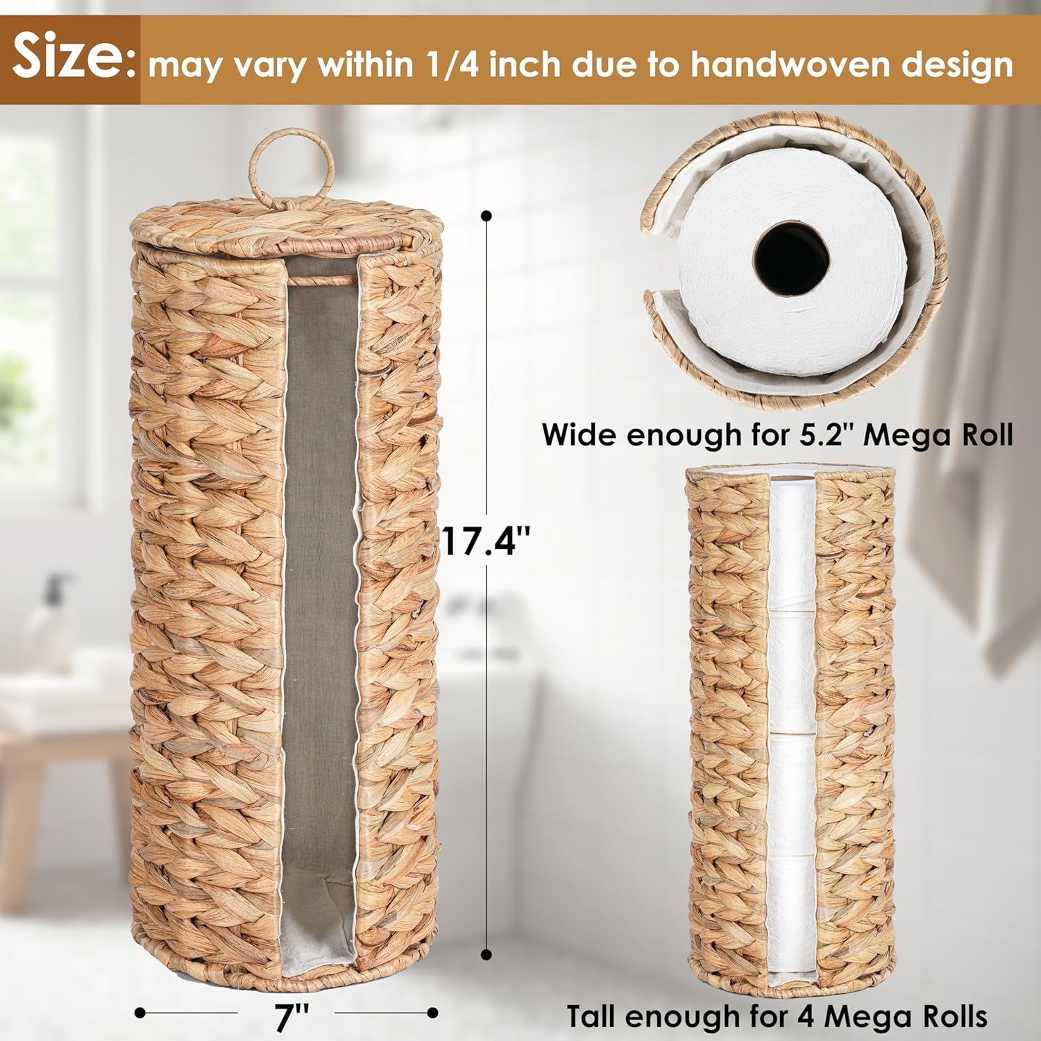 4 Mega Rolls Extra Toilet Paper Storage with Lid and Liner, Water Hyacinth Ratten Toilet Paper Holder Basket Stand, Decorative Boho Covered Enclosed Toilet Tissue Organizer for Bathroom