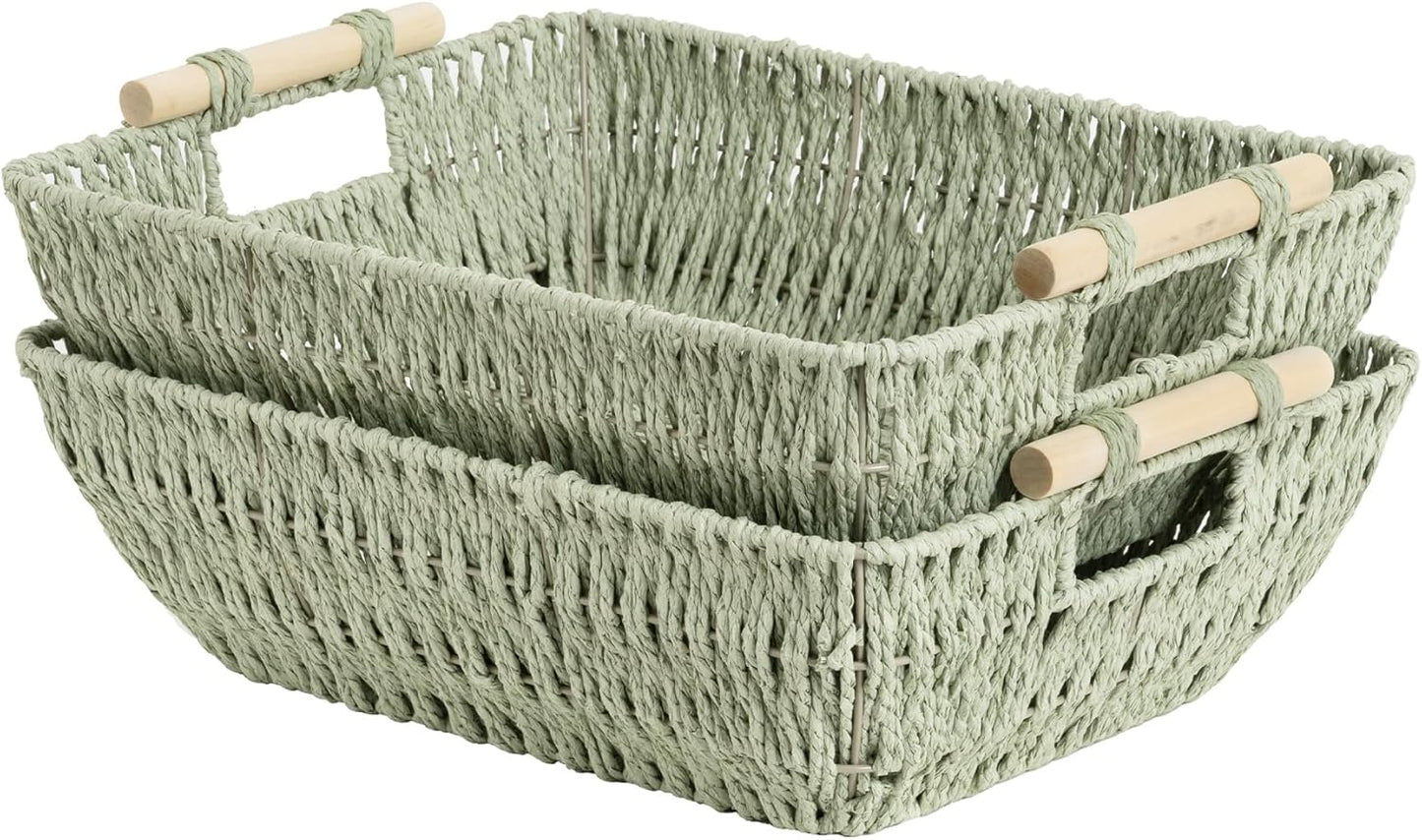 Hand-Woven Large Storage Baskets with Wooden Handles, Water Hyacinth Wicker Baskets for Organizing, 2-Pack