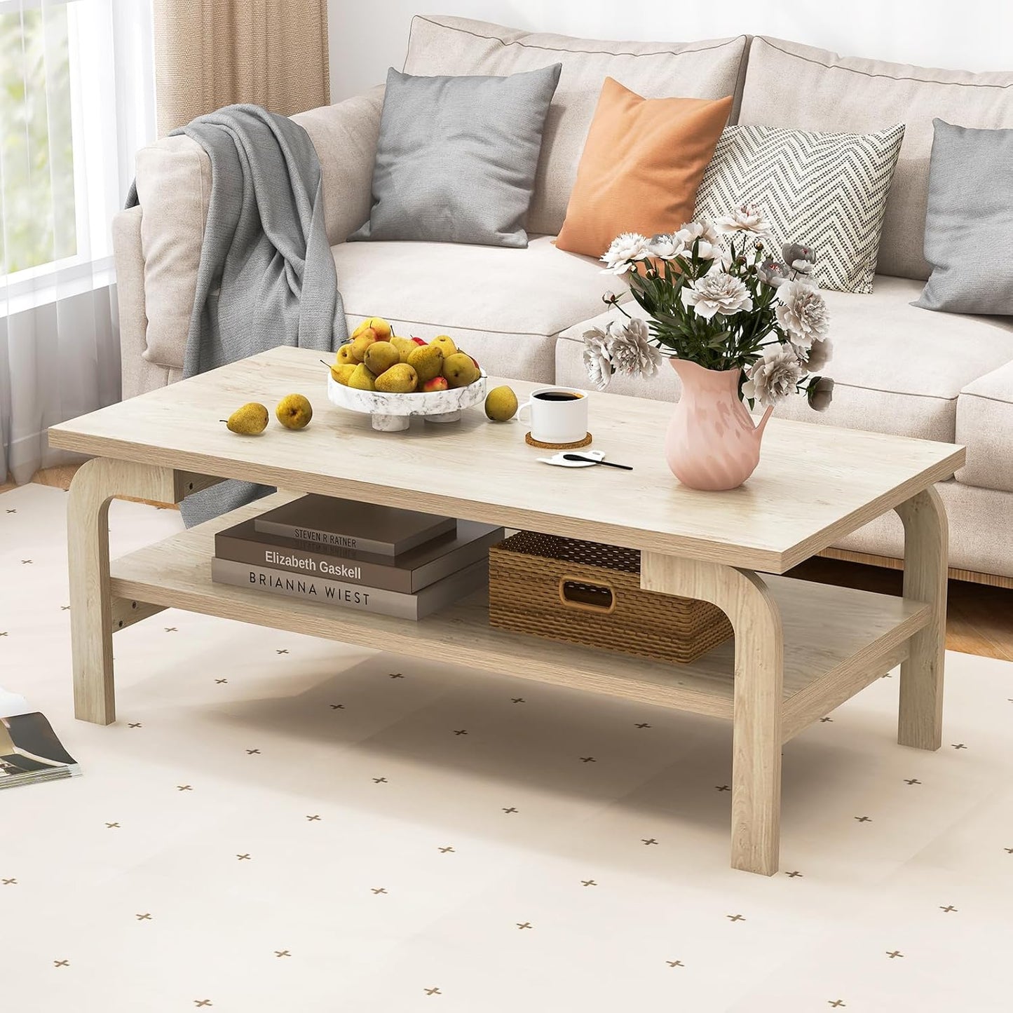 2-Tier Coffee Table with Storage, 47” Mid Century Rectangle Accent Table with Open Shelf, Large Tabletop & Curved Legs, Rustic Style Wood Cocktail, Center Table for Living Room, Natural