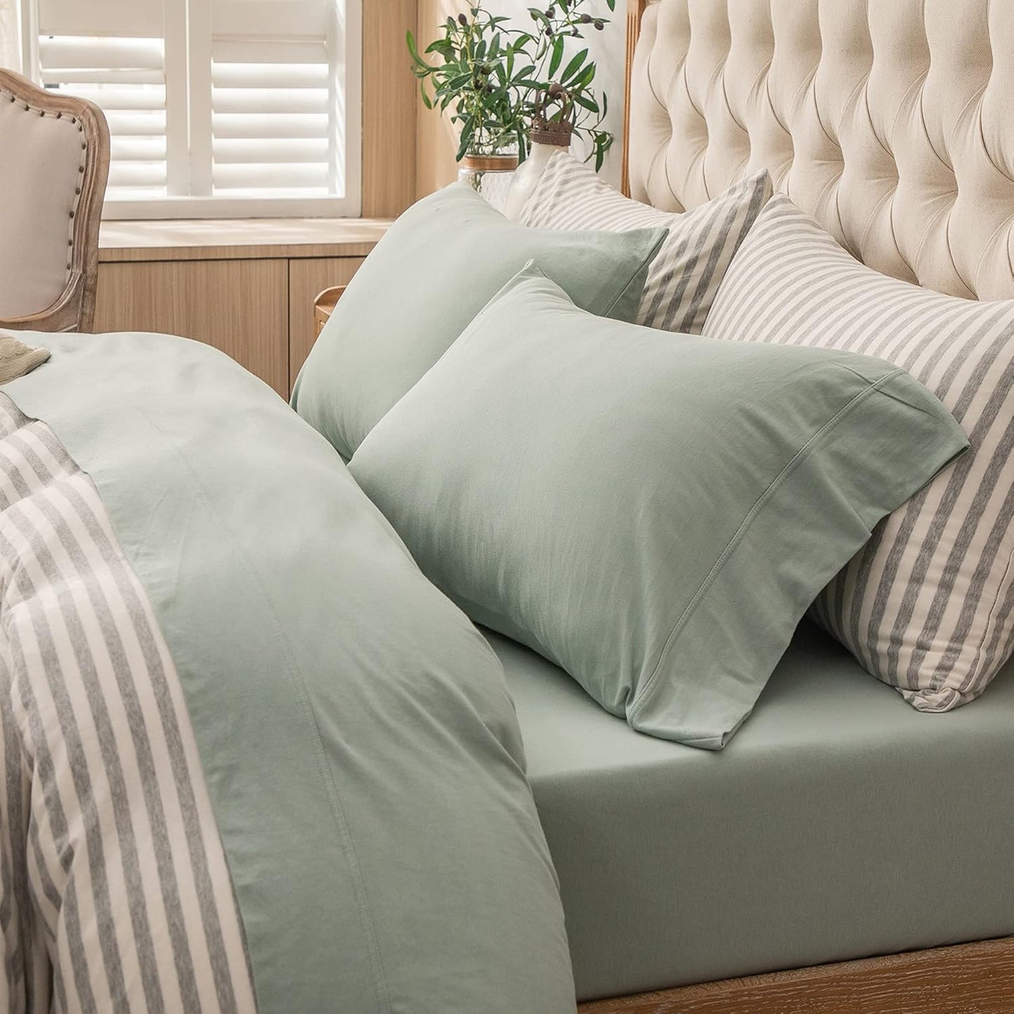 Jersey Knit 4Pc Bed Sheet Set 100% T-Shirt Heather Cotton Super Soft Comfy Breathable Fits Mattress up to 20" Extra Deep Pocket(Olive Green, King)
