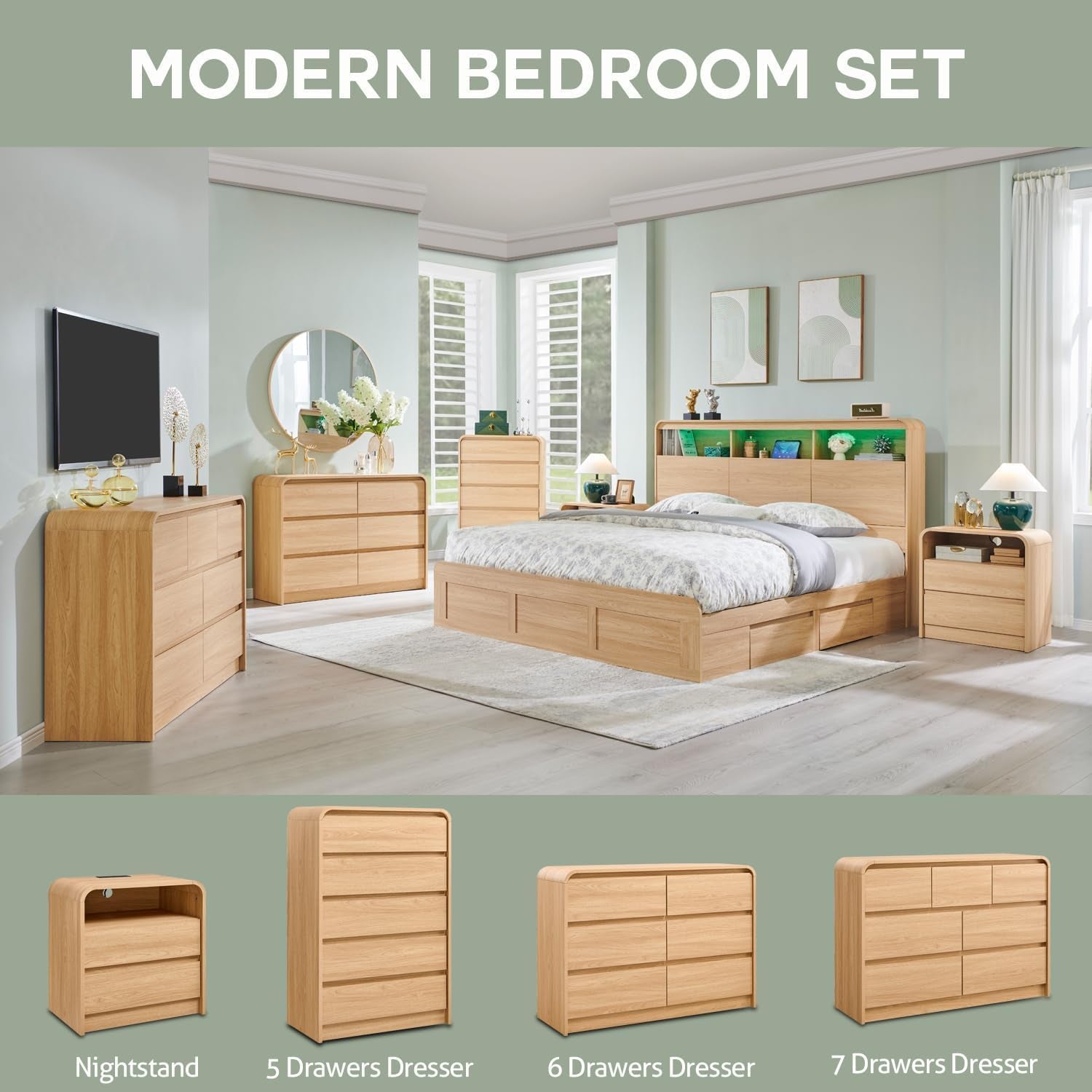 25" Tall Modern Nightstand with Charging Station, 23.6'' Wide Wood Bedside Table W/2 Storage Drawers, Large Mid Century End Table for Bedroom, Living Room, Curved Profile Design,Natural Oak