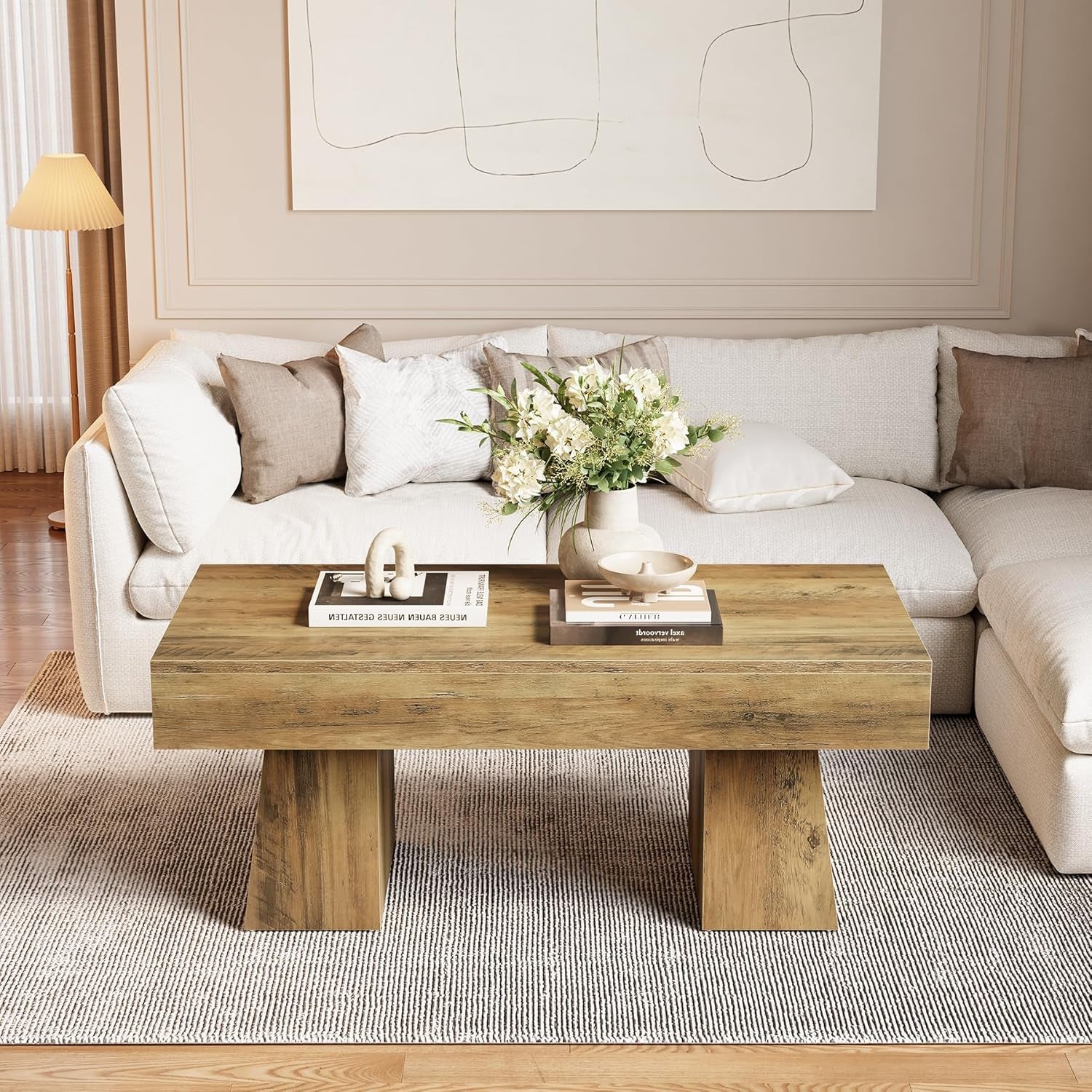 Farmhouse Coffee Table, 47 Inches Wooden Rectangular Accent Center Tables with Thick Base, Modern Low Cocktail Tea Furniture for Living Room (Rustic Brown)