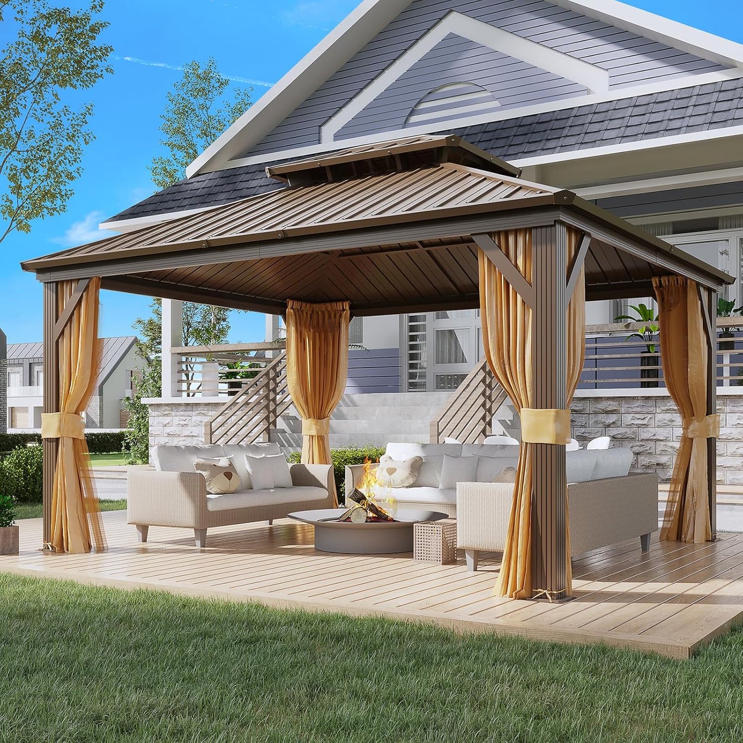 10' X 12' Hardtop Gazebo, Metal Gazebo with Aluminum Frame, Double Galvanized Steel Roof, Curtains and Netting Included, Pergolas for Patios, Garden, Parties, Lawns