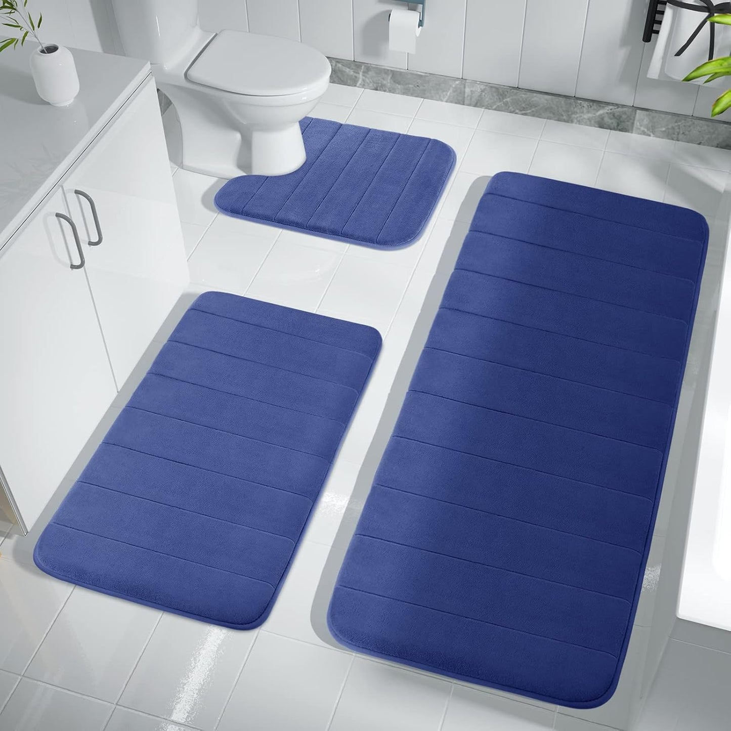 3 Pieces Memory Foam Bath Mat Set with U-Shaped Toilet Rug - Non Slip Super Soft Absorbent Quick Dry Bathroom Rugs for Bathtub, Vanity & Toilet Base, Beige