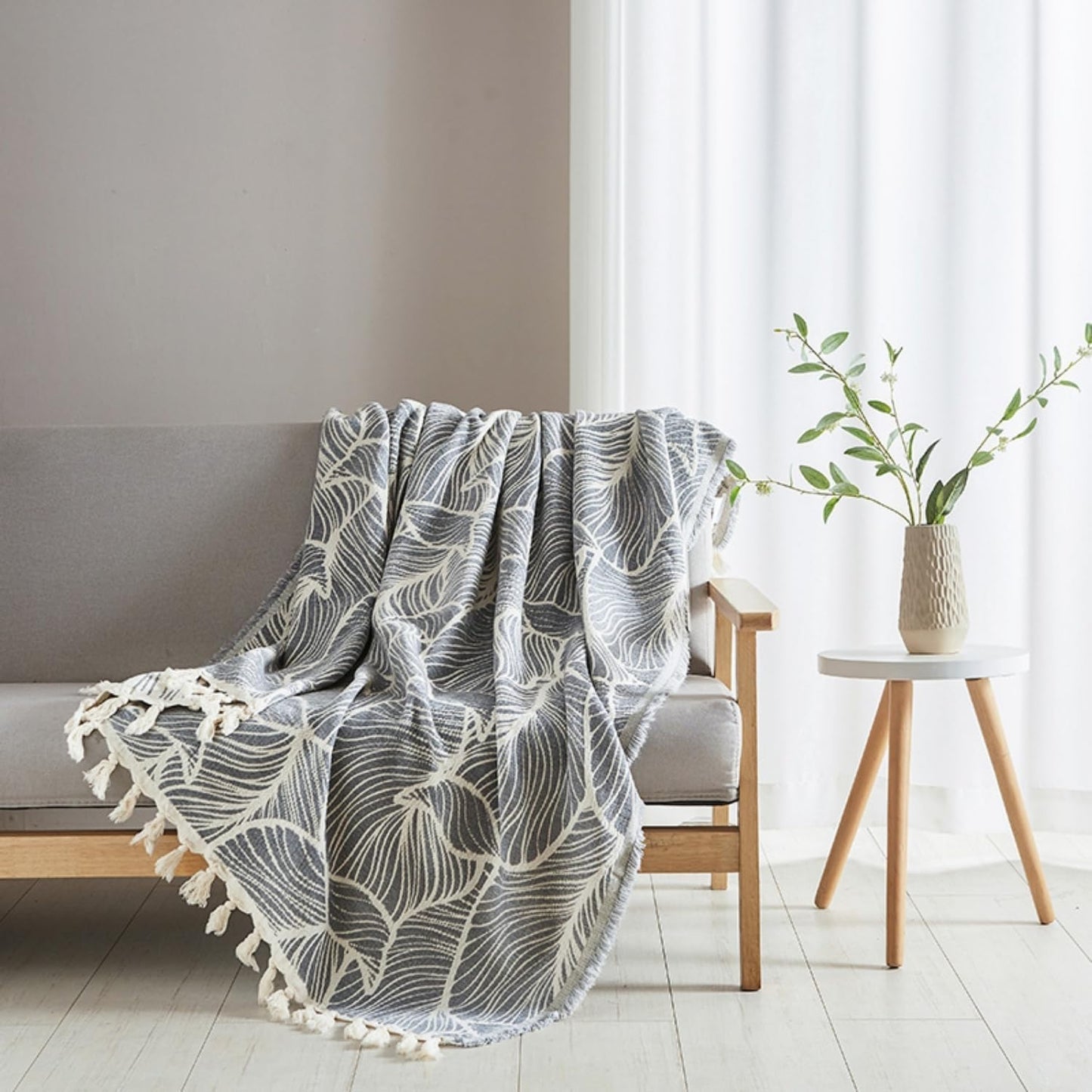 Boho Throw Blanket for Couch, Chenille Cotton Lightweight Summer Throw Blanket for Bed Sofa Chair Living Room Outdoor Soft Woven Decorative Blanket with Tassel Gift Orange Leaves 55"X60"