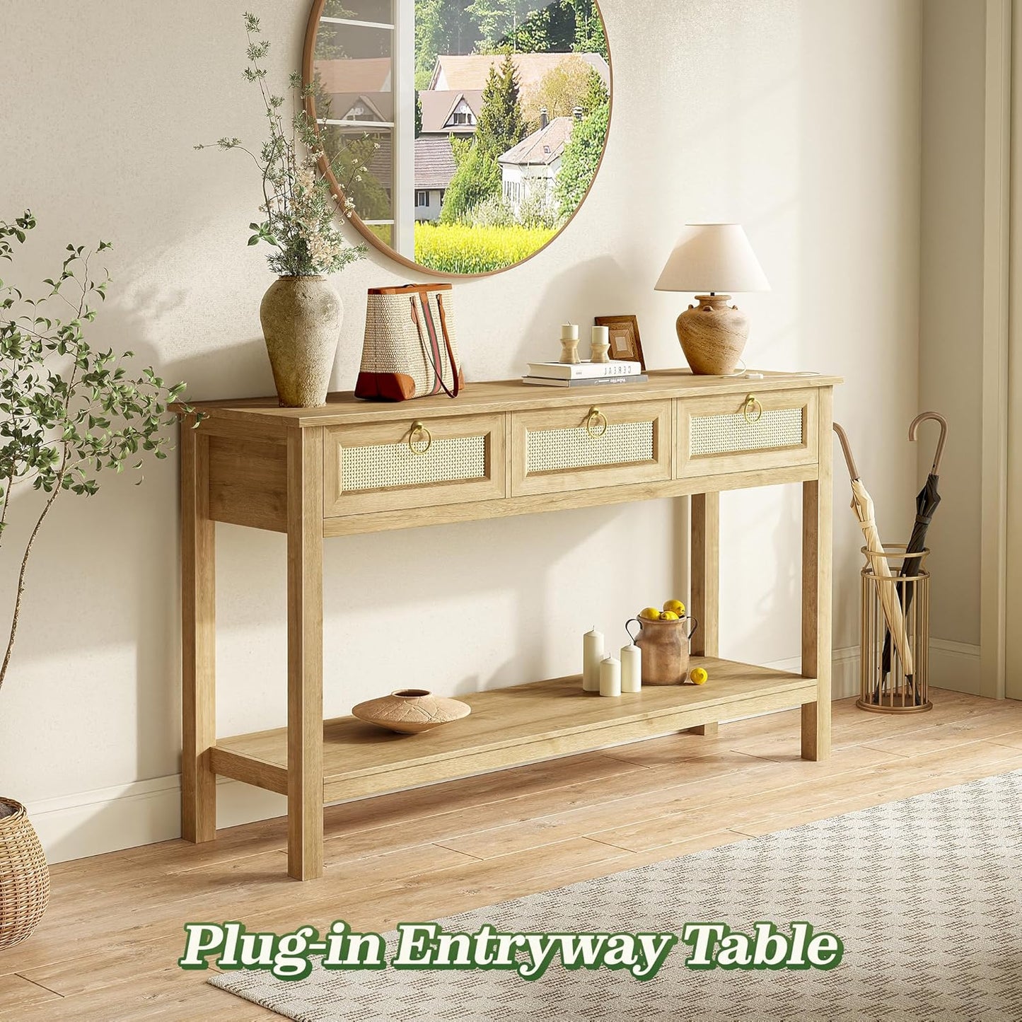 Rattan Console Sofa Table with Outlets and USB-C Port, 3 Drawer Entryway Table with Synthetic Rattan Surface, Open Shelf, behind Couch Entry Foyer Hallway Storage, Natural