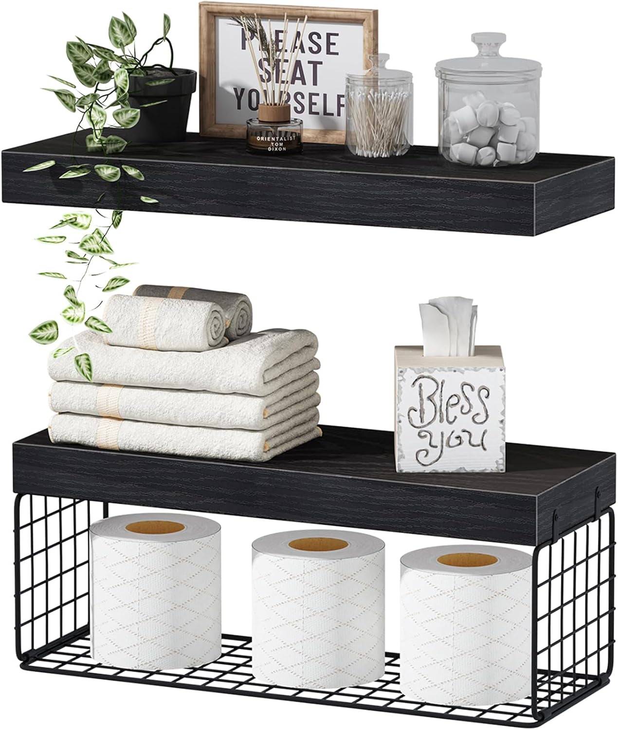 Bathroom Shelves over Toilet - Wall Mounted Floating Shelves Toilet Paper Storage Small Farmhouse Decor Shelf 16 Inch Set of 2, Rustic Brown (019-BN2)