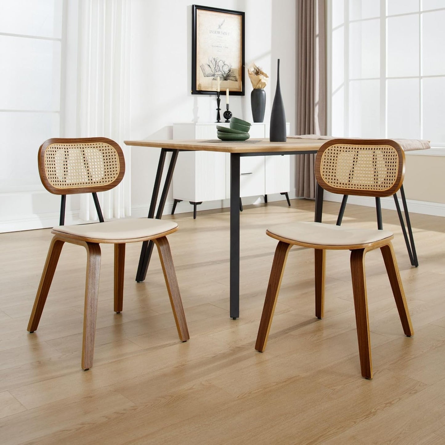 Dining Chairs Set of 2, Upholstered Faux Leather Rattan Dining Chairs with Backrest and Metal Legs, Armless Kitchen Rattan Chairs for Dining Room, White