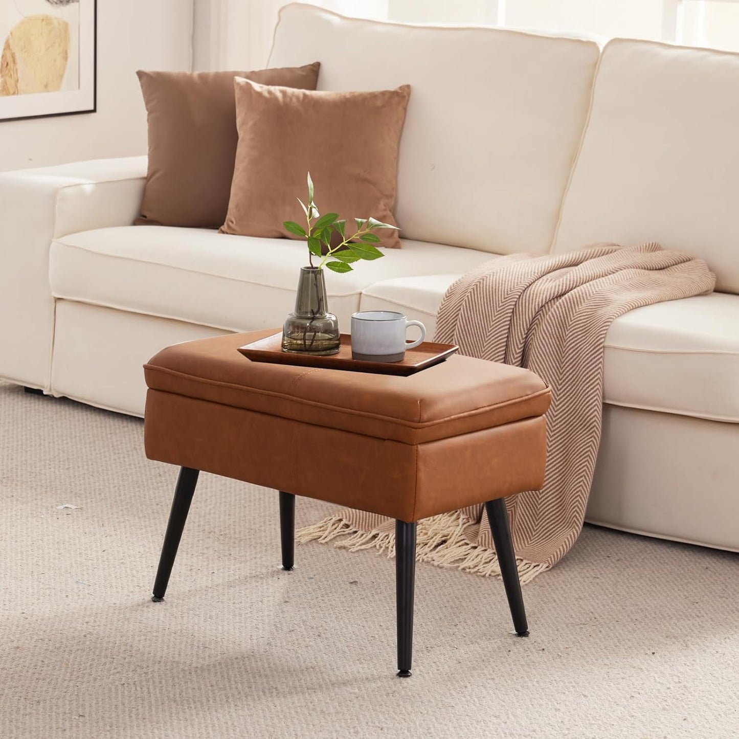 Storage Ottoman Upholstered Stool with Padded Seat, Tufted Vanity Stool with Metal Legs, Accent Stool, Faux Leather, Cognac Brown