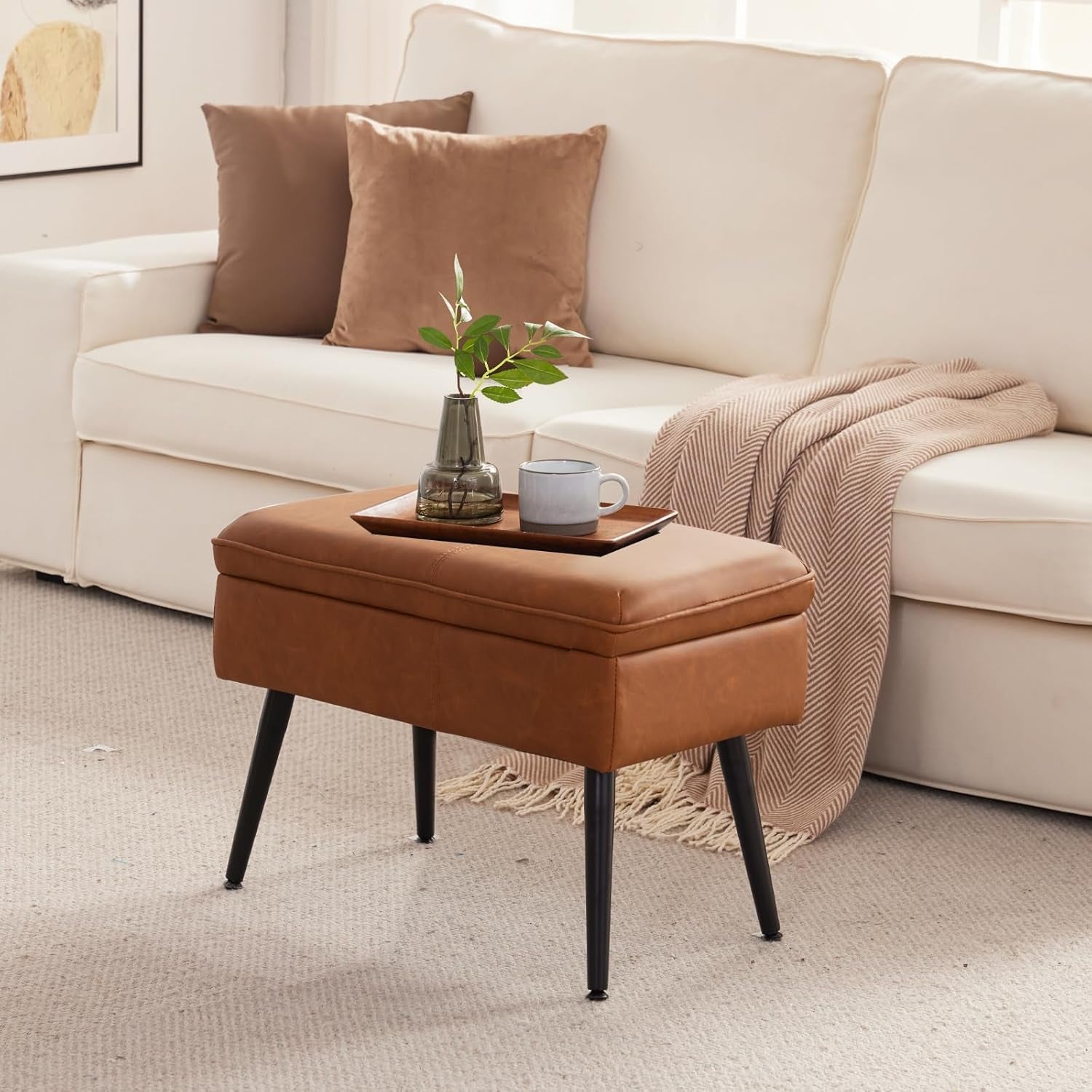 Storage Ottoman Upholstered Stool with Padded Seat, Tufted Vanity Stool with Metal Legs, Accent Stool, Faux Leather, Cognac Brown