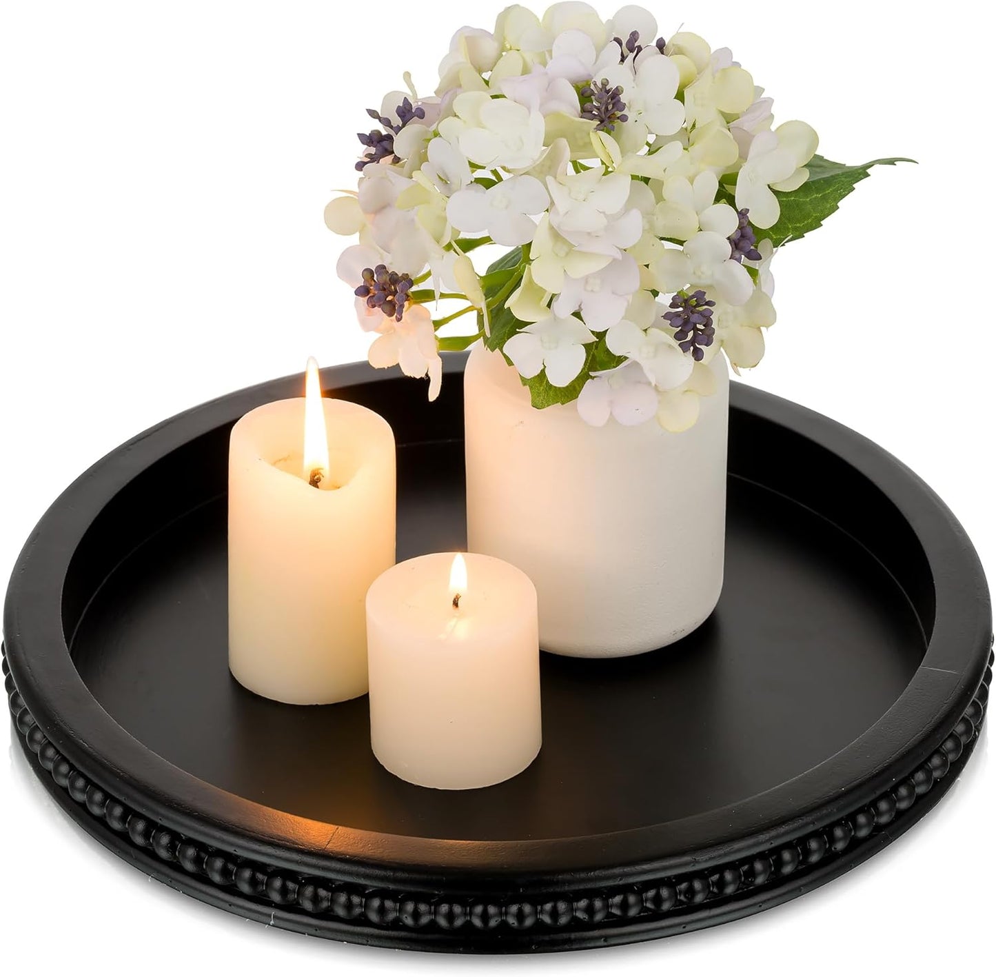 Decorative Serving Tray Wood: White Washed Bead round Tray Decor for Coffee Table Rustic Wooden Trays Farmhouse Centerpiece for Living Room Kitchen Counter