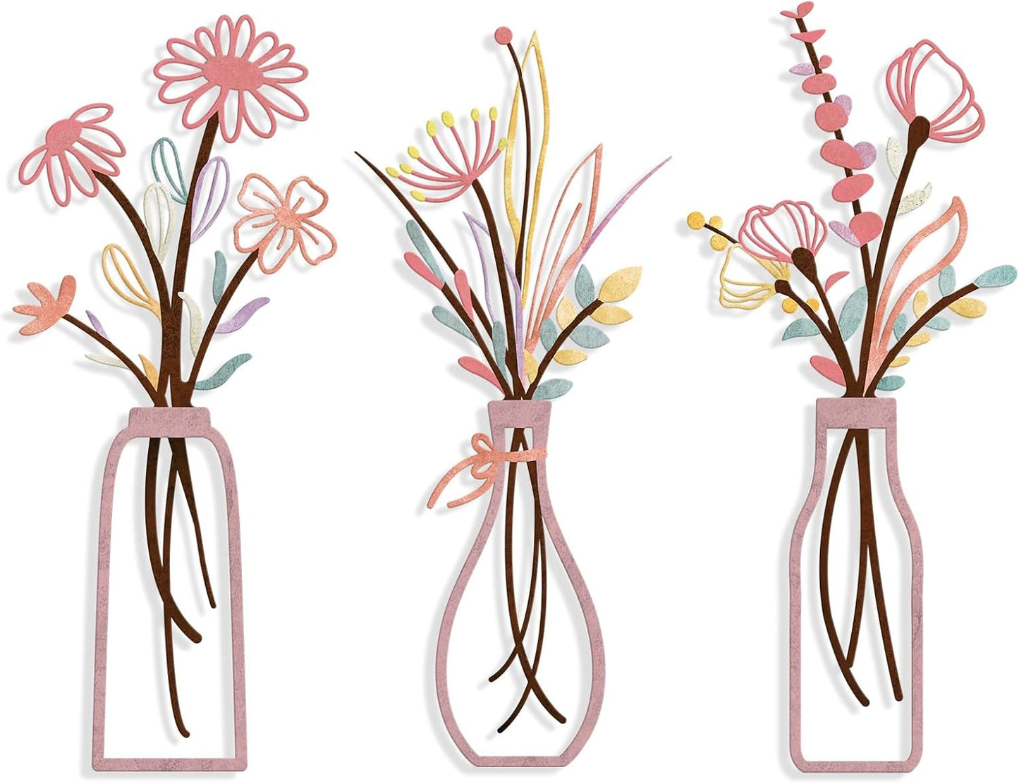 3 Pieces Metal Flowers Wall Arts - Rustic Farmhouse Decor Beige Minimalist Flower Wall Decors for Living Room Bathroom Bedroom Dining Room-Housewarming Gifts (Beige, Vase-C)