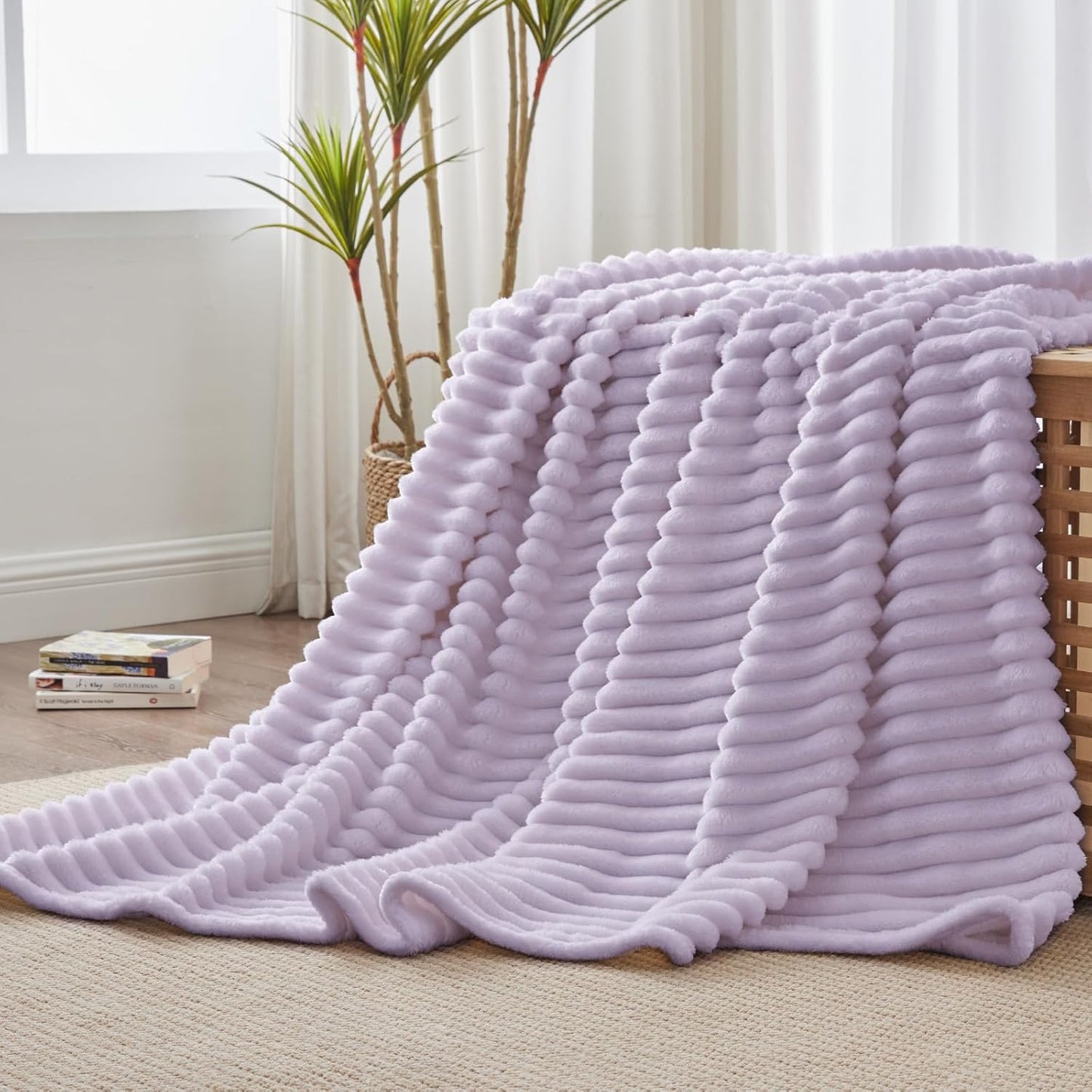 Fleece Throw Blanket for Couch - 300GSM Soft & Warm Fluffy Cream White Blanket, Decorative and Giftable Striped Blankets for Women, Men, 50"X60"