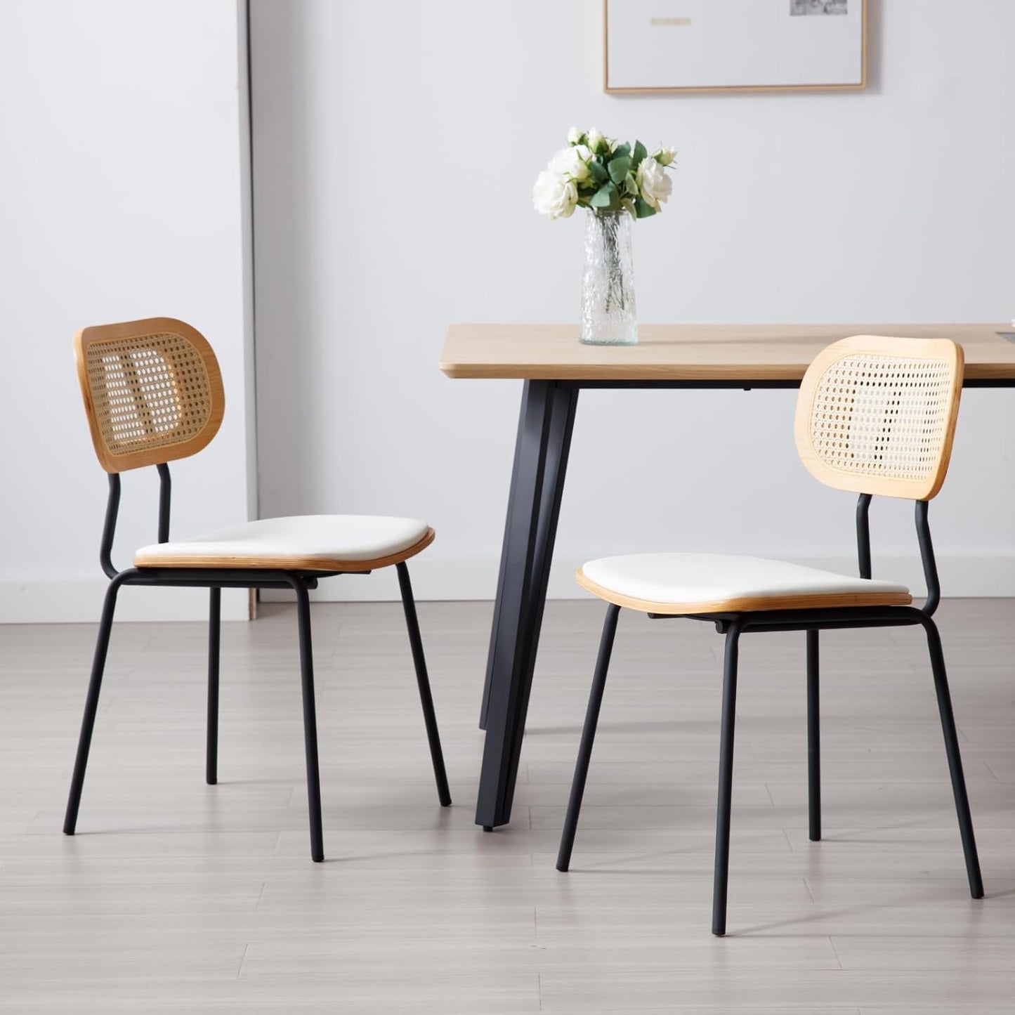 Dining Chairs Set of 2, Upholstered Faux Leather Rattan Dining Chairs with Backrest and Metal Legs, Armless Kitchen Rattan Chairs for Dining Room, White