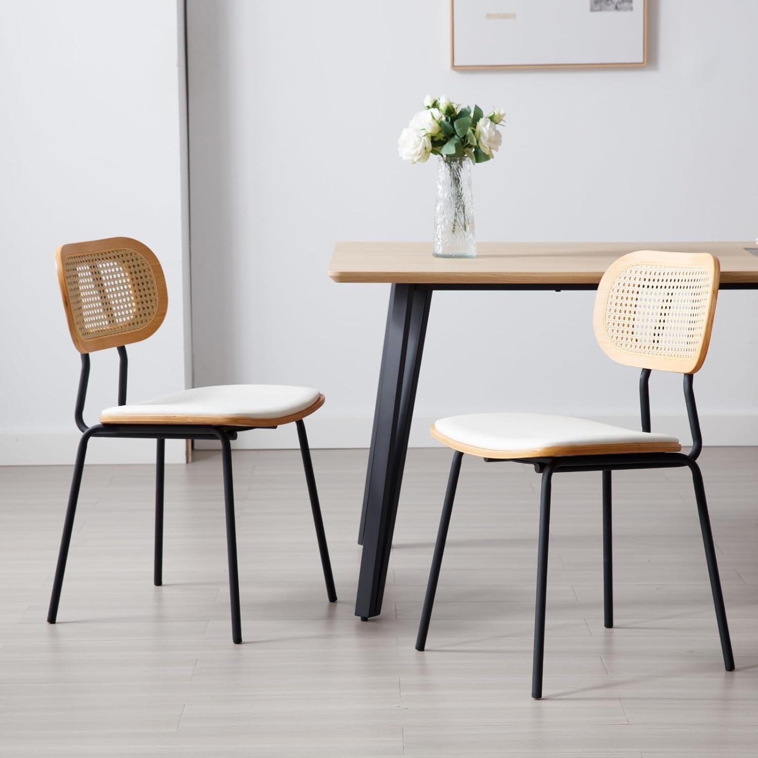 Dining Chairs Set of 2, Upholstered Faux Leather Rattan Dining Chairs with Backrest and Metal Legs, Armless Kitchen Rattan Chairs for Dining Room, White