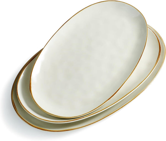 Serving Platter, Oval 15.59/14.3/12.9Inch Serving Dishes for Entertaining, Serving Bowls, Microwave Safe, Stoneware Serving Trays for Party, Food, Turkey, Cheese, Ocean Series, Vanilla White