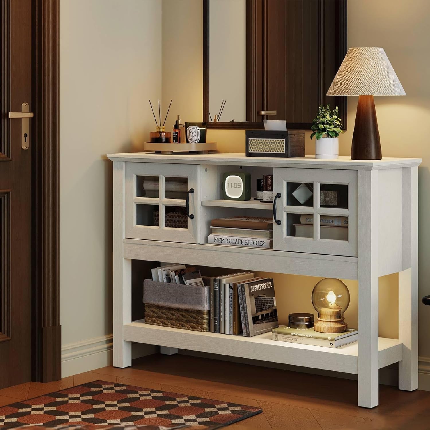 46“ Console Table with Sliding Glass Doors, Coffee Bar, Modern Entryway Table with Storage Shelf, Sofa Table behind Couch, Buffet Sideboard for Kitchen, Hallway, Living Room, White