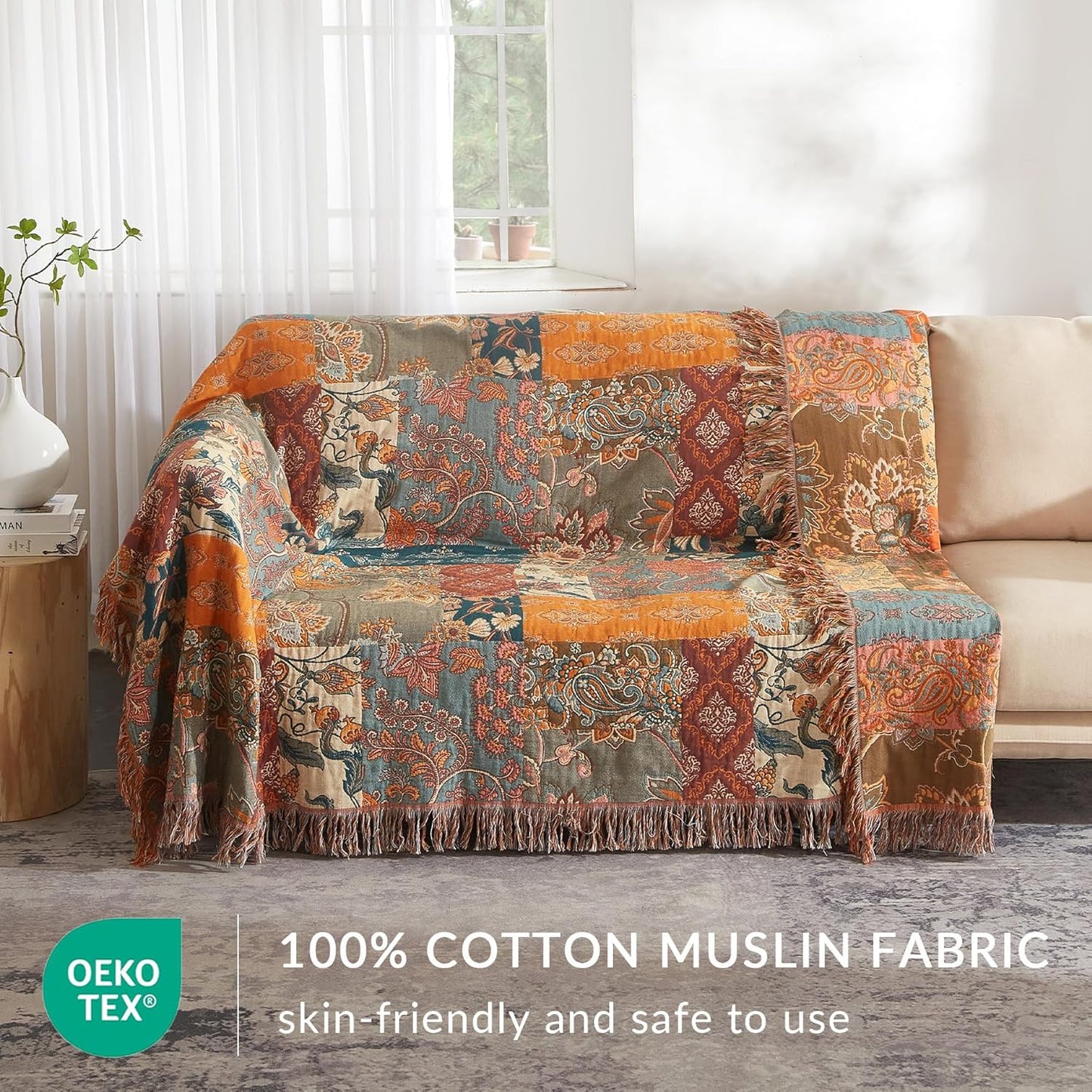 Boho Throw Blanket for Couch Sofa Bed, 100% Cotton Woven Quilt with Tassel 60”X80”, Super Soft Muslin Blanket with Floral Printed, Decorative Reversible Bed Blanket/Cover for All Seasons