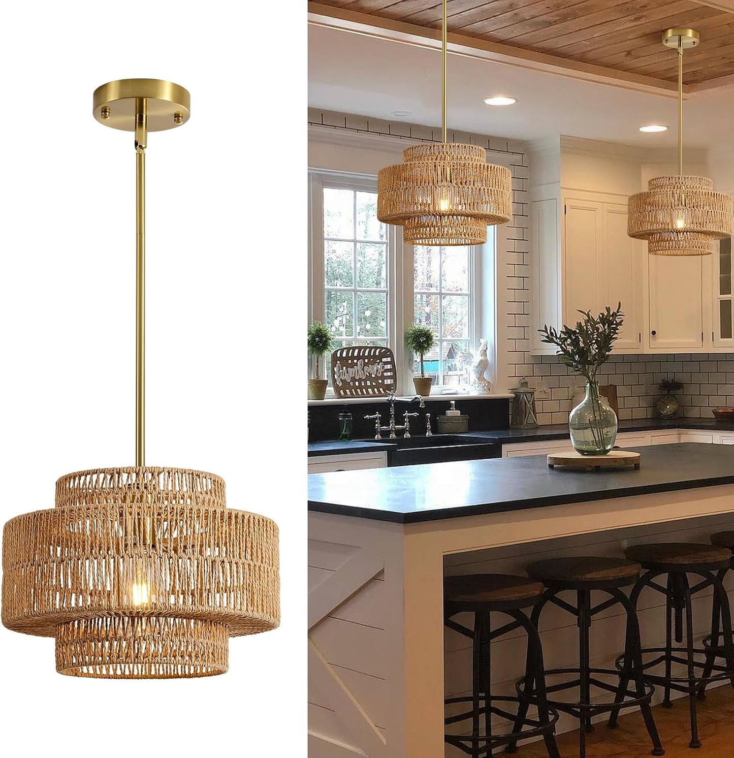 4-Light Boho Rattan Chandelier Light Fixture, 17.7” Hand Woven Rustic Chandeliers Farmhouse Chandelier Hanging Light for Dining Room Kitchen Island, Living Room, Foyer