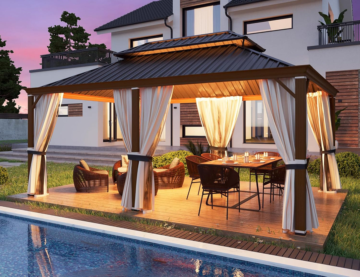 10' X 12' Hardtop Gazebo, Metal Gazebo with Aluminum Frame, Double Galvanized Steel Roof, Curtains and Netting Included, Pergolas for Patios, Garden, Parties, Lawns