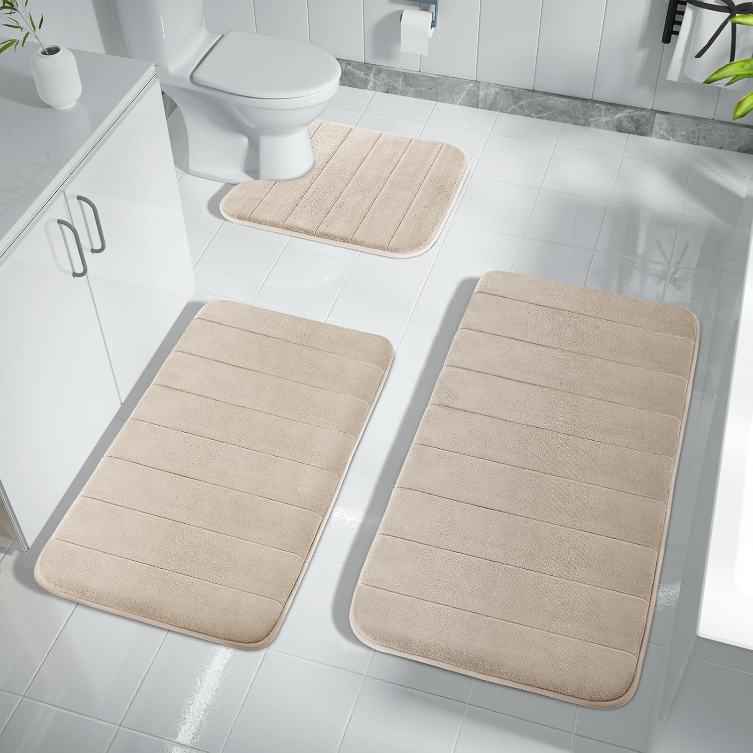 3 Pieces Memory Foam Bath Mat Set with U-Shaped Toilet Rug - Non Slip Super Soft Absorbent Quick Dry Bathroom Rugs for Bathtub, Vanity & Toilet Base, Beige