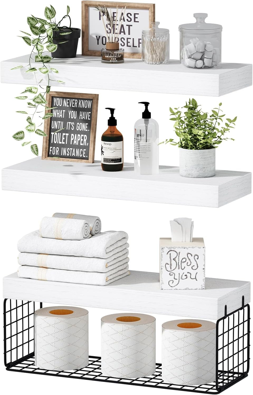 Bathroom Shelves over Toilet - Wall Mounted Floating Shelves Toilet Paper Storage Small Farmhouse Decor Shelf 16 Inch Set of 2, Rustic Brown (019-BN2)