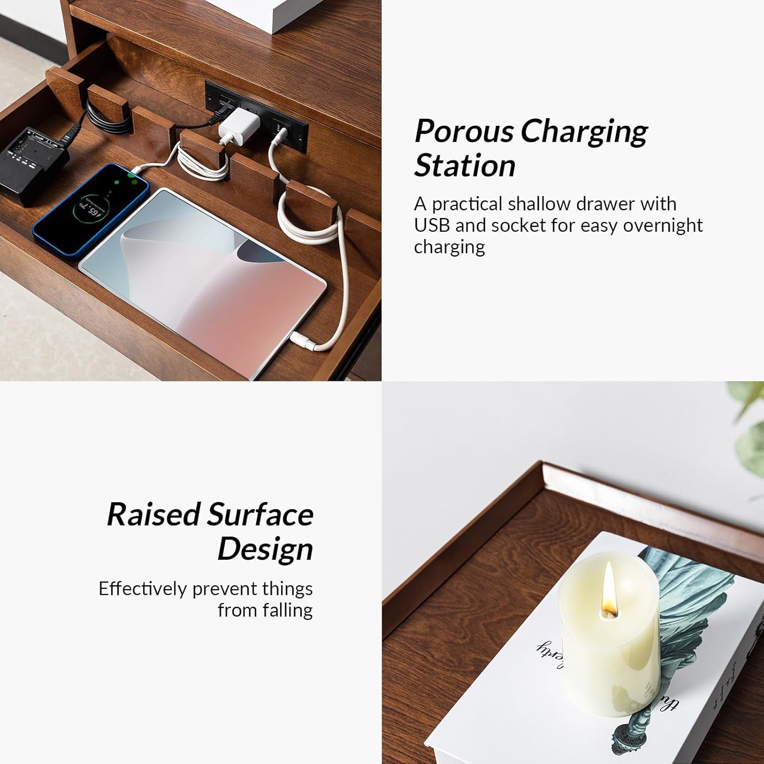 2 Drawer Nightstand with Charging Station, Mid-Century Modern Bedside Tables with Wood Legs, Wood Night Stand with Pull-Out Shelf, Walnut