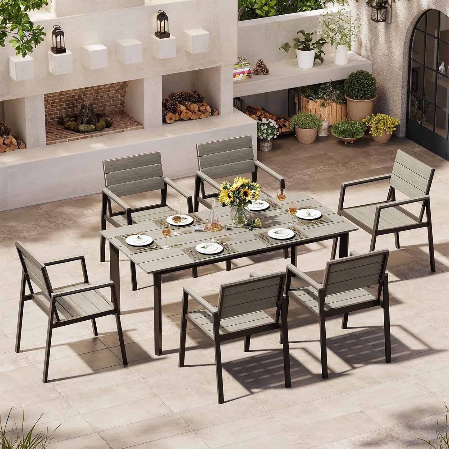 Outdoor Dining Set for 6, Patio Table and Chairs Set with Umbrella Hole, 7 Pieces HDPS Outdoor Furniture Sets for Patio, Garden, Backyard (Gray & Teak)