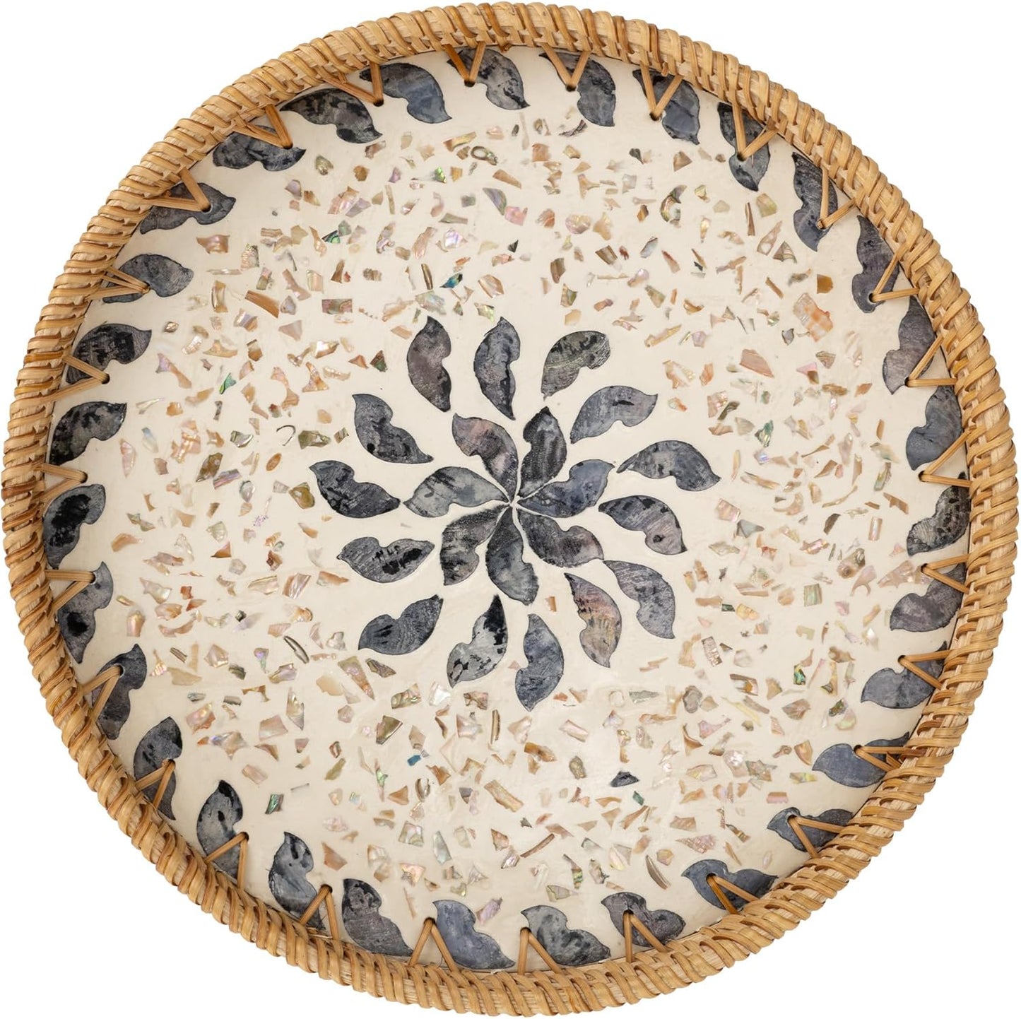 Decorative Coffee Table Trays for Home Decor, round Rattan Tray with Mother of Pearl Inlay, Small Wicker Woven Serving Tray Decor for Kitchen Counter, Living Room and Ottoman, Green