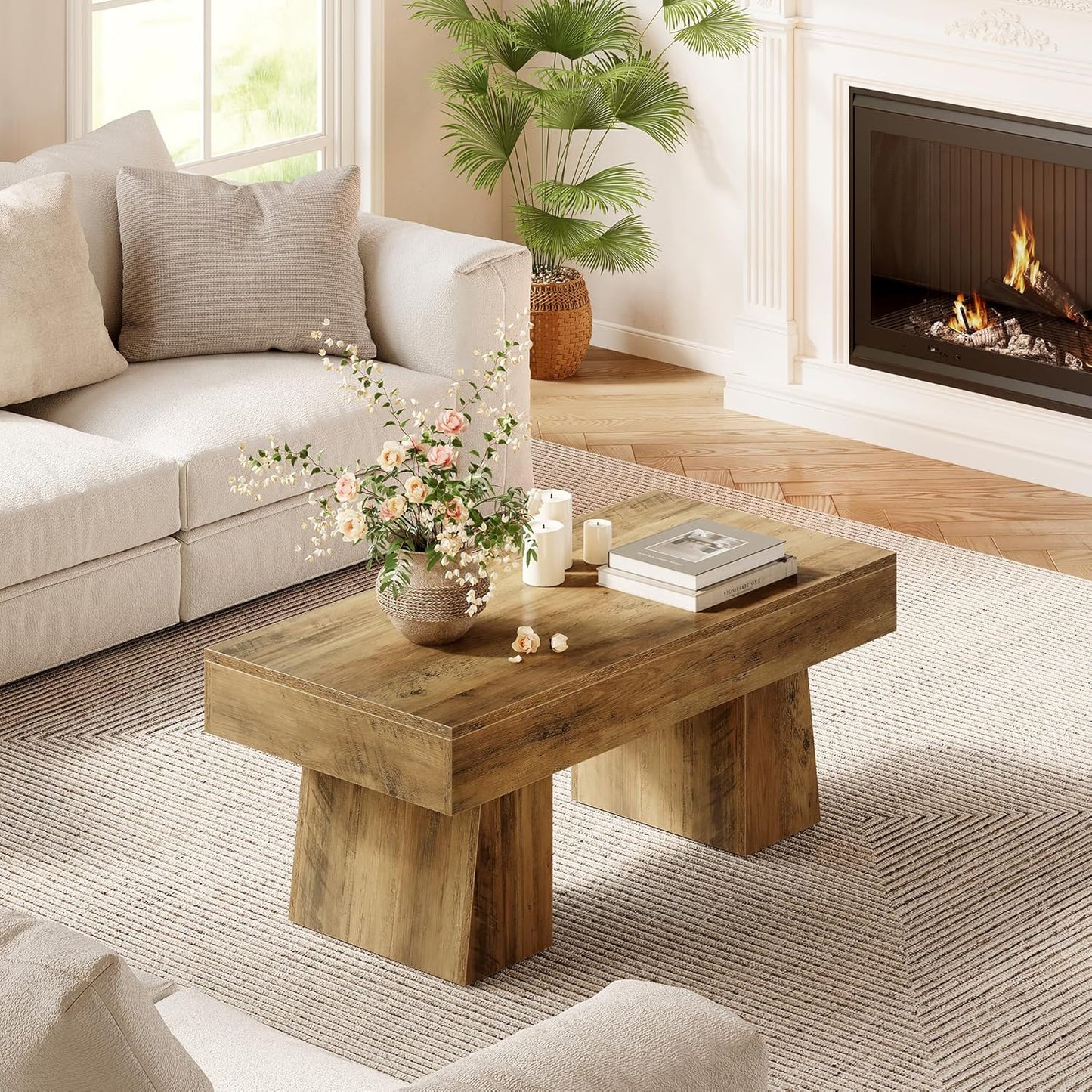 Farmhouse Coffee Table, 47 Inches Wooden Rectangular Accent Center Tables with Thick Base, Modern Low Cocktail Tea Furniture for Living Room (Rustic Brown)