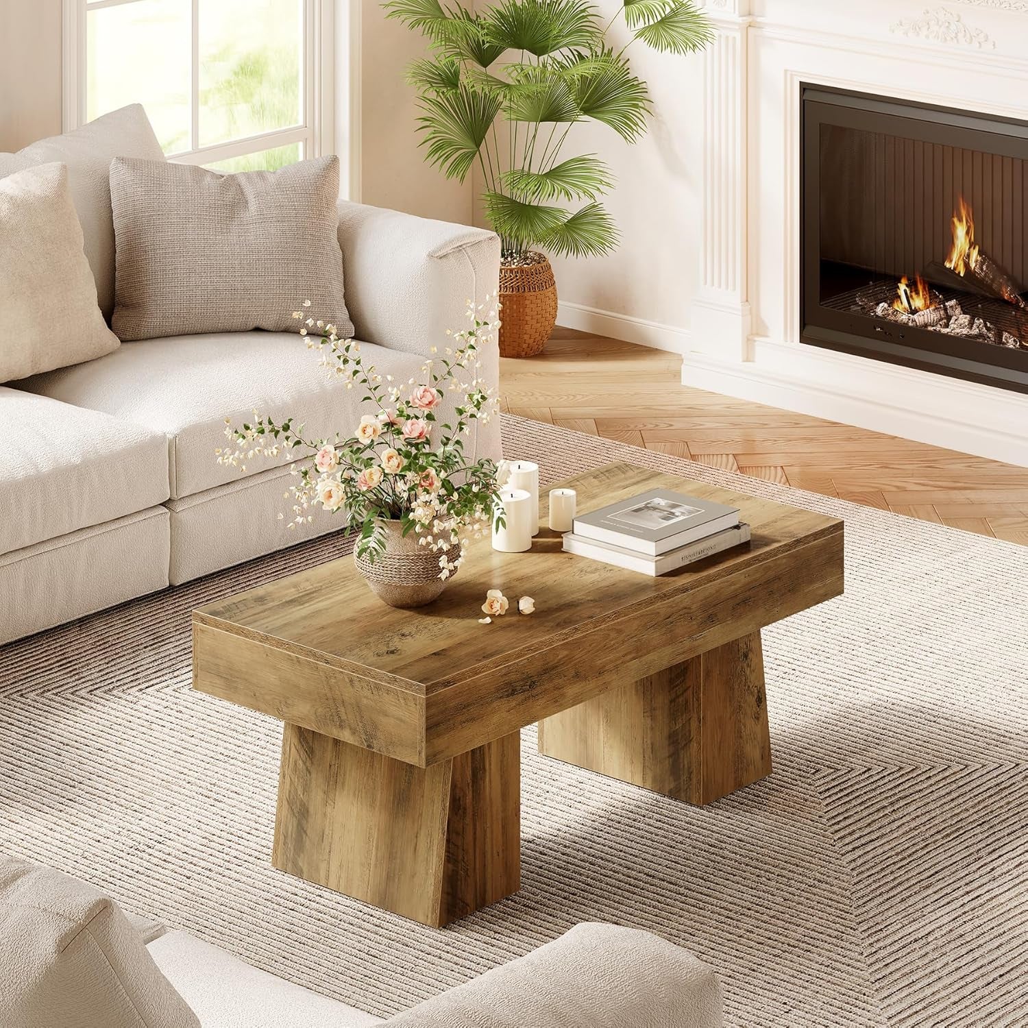 Farmhouse Coffee Table, 47 Inches Wooden Rectangular Accent Center Tables with Thick Base, Modern Low Cocktail Tea Furniture for Living Room (Rustic Brown)
