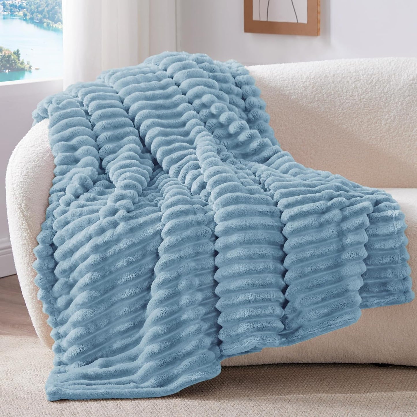 Fleece Throw Blanket for Couch - 300GSM Soft & Warm Fluffy Cream White Blanket, Decorative and Giftable Striped Blankets for Women, Men, 50"X60"