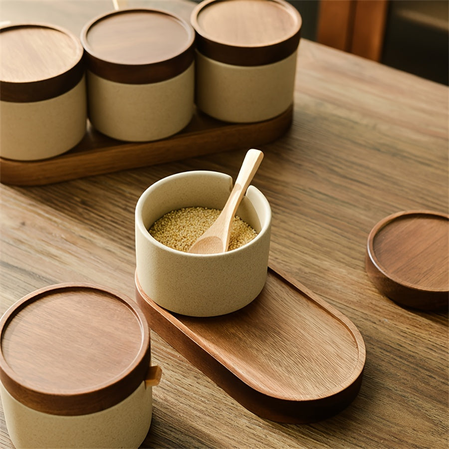 Minimalist Ceramic Spice Jar Set with Wooden Lid &amp; Spoon
