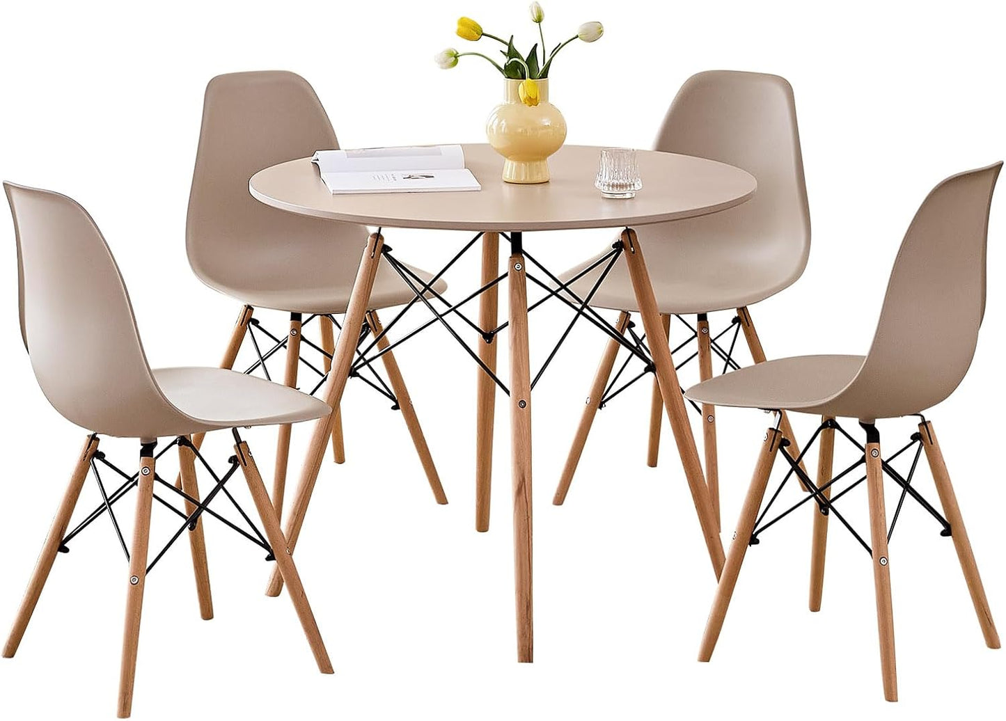 5-Piece round Dining Table Set, Small 31.5" Kitchen Table Chairs Set of 4 Space Saving Furniture, Plastic Seats, Solid Wood Legs, for Living Room Apartment Office Home, Green