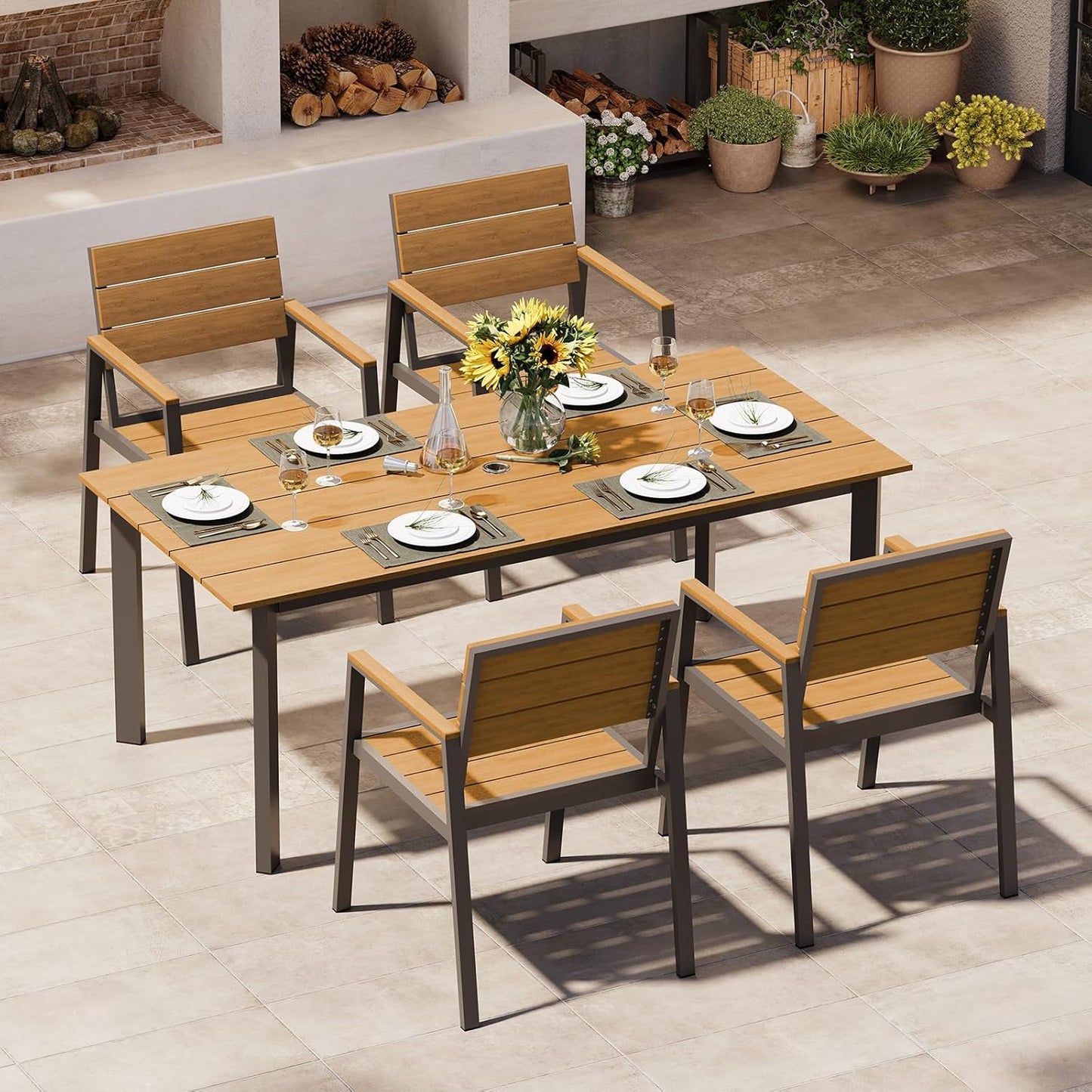 Outdoor Dining Set for 6, Patio Table and Chairs Set with Umbrella Hole, 7 Pieces HDPS Outdoor Furniture Sets for Patio, Garden, Backyard (Gray & Teak)