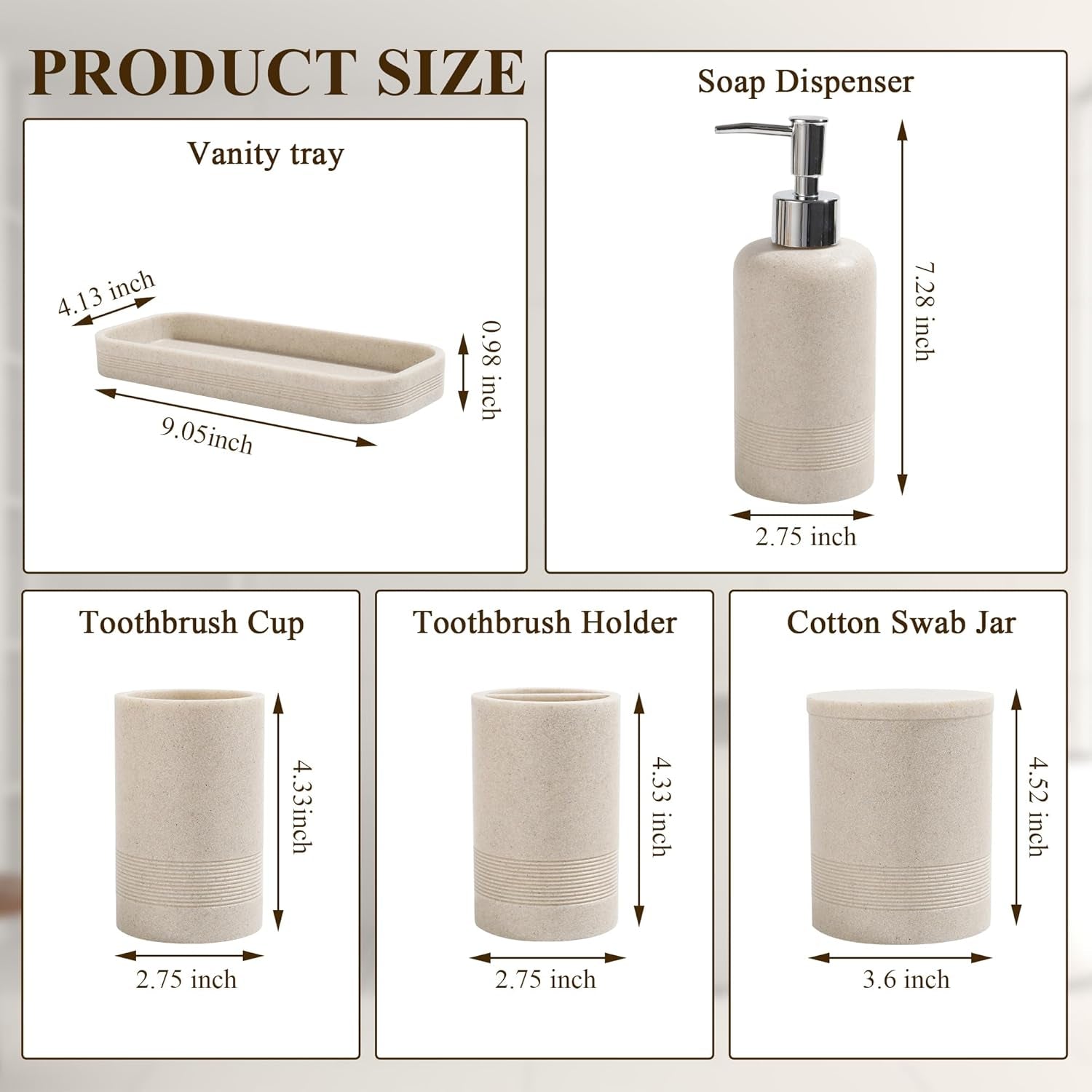 Bathroom Accessories Set, 6-Piece Bathroom Accessory Set, Toothbrush Holders Set, Soap Dispenser, Vanity Tray, Tumbler, Cotton Swab Jars, Bathroom Organizer for Modern Bathrooms(Beige)