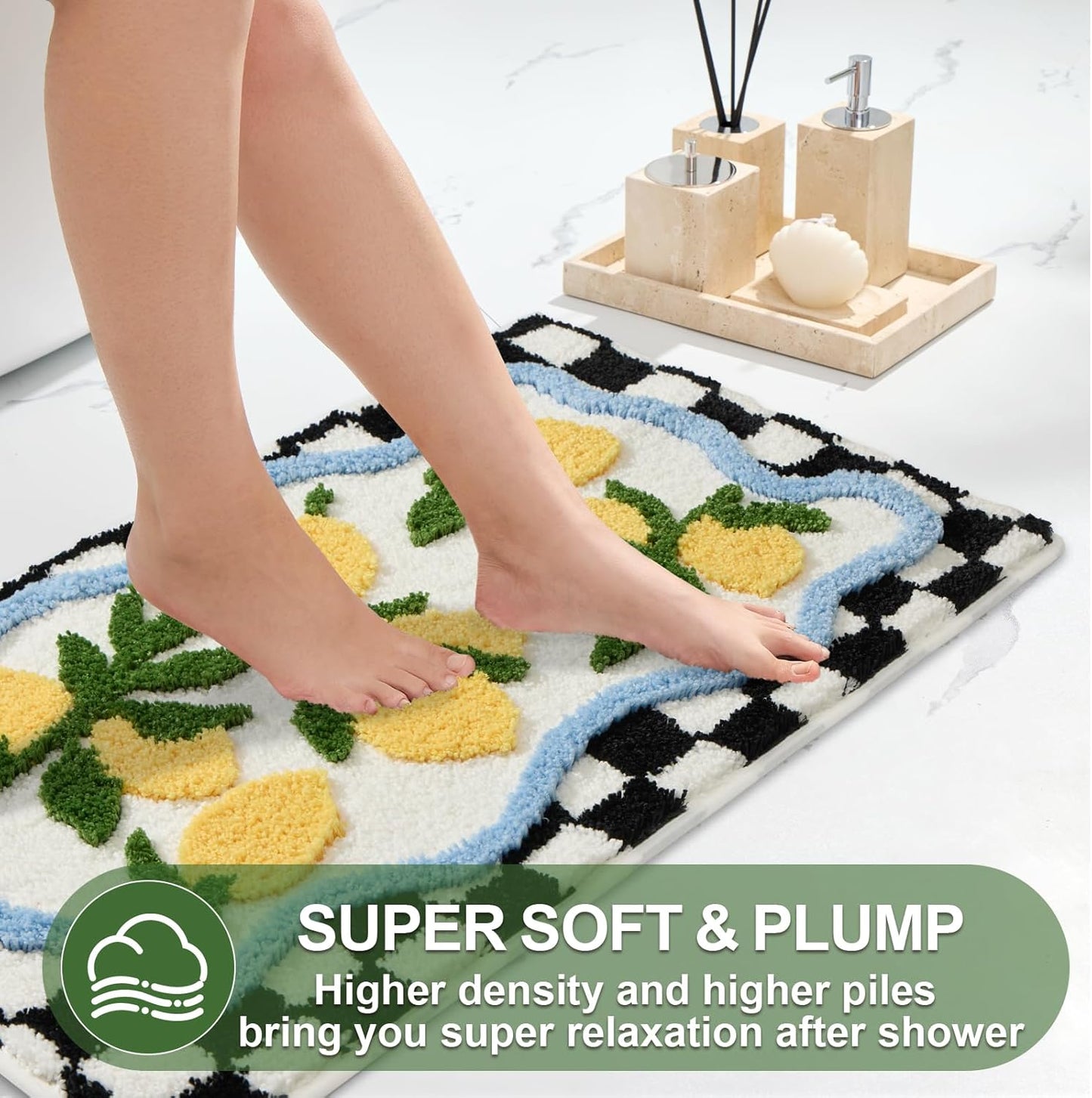 Checkered Lemon Bath Rug for Bathroom, Cute Bathroom Mat Non Slip Soft Microfiber Absorbent Washable Rug for Laundry Home Decor, 20X32 Inch