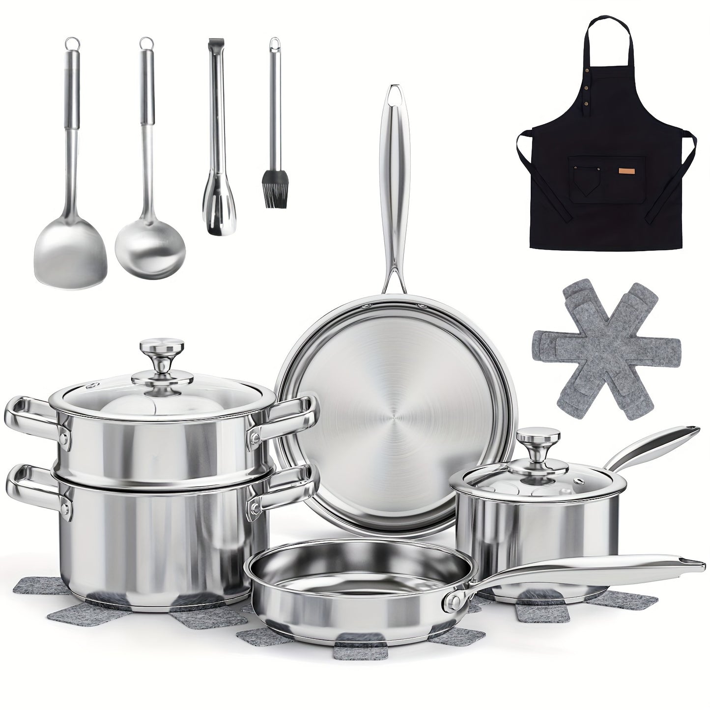 16-Piece Stainless Steel Cookware Set – 304 Steel Pots & Pans with Lids