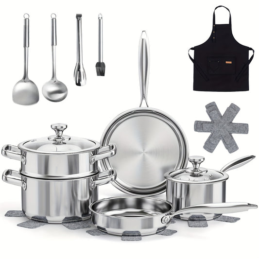 16-Piece Stainless Steel Cookware Set – 304 Steel Pots & Pans with Lids